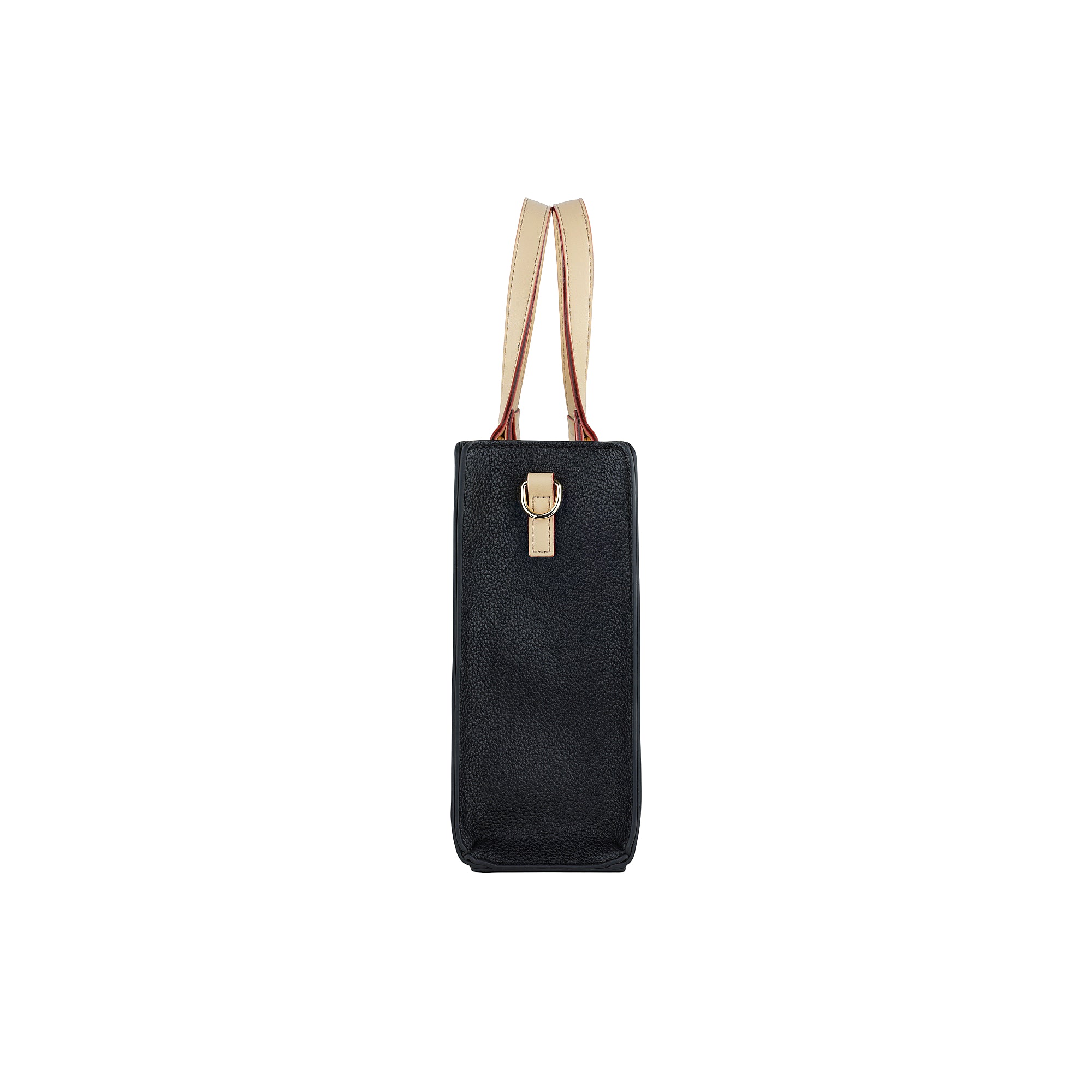 Black pebbled mini tote bag with light beige top handles, red edges, and a side beige strap with a gold-toned D-ring.