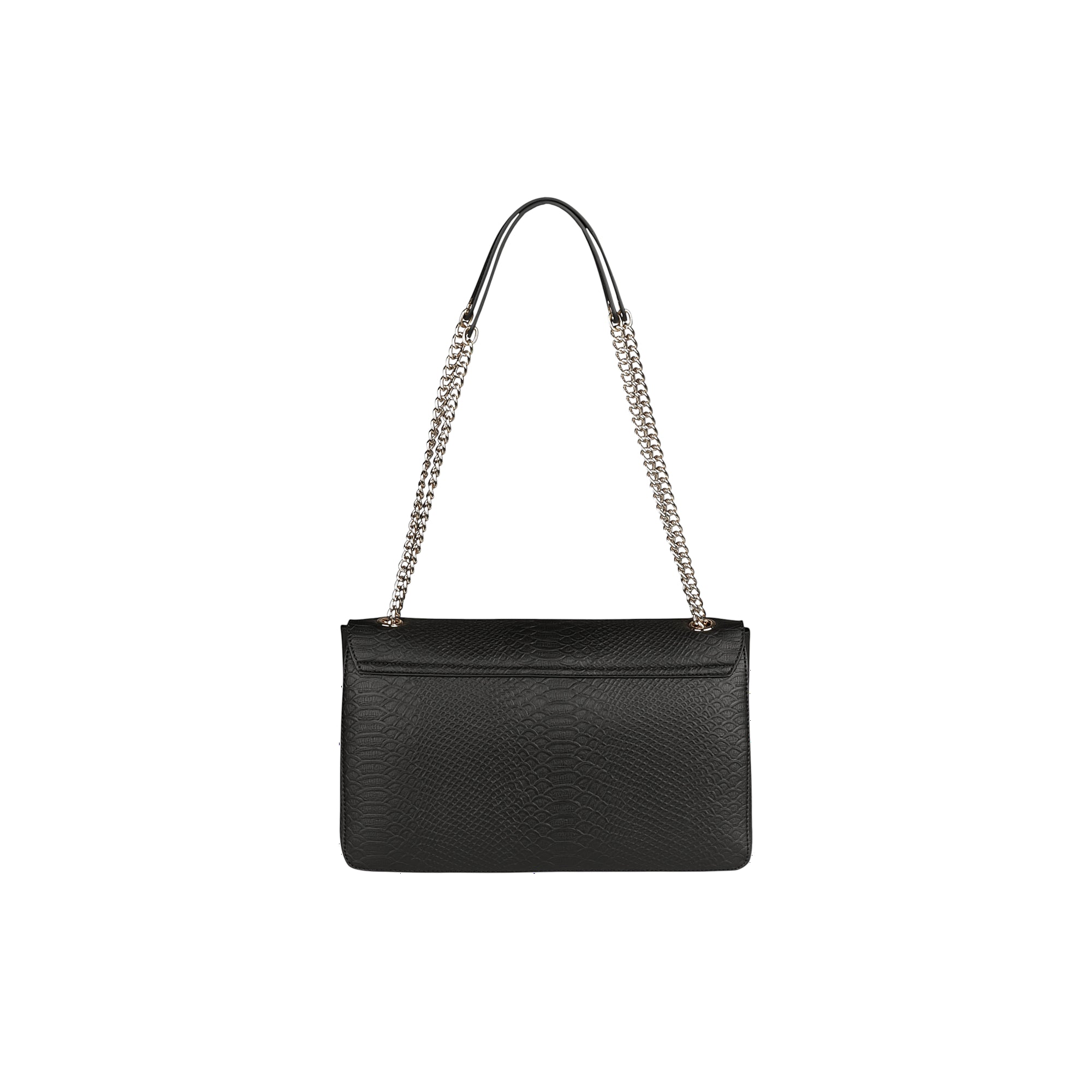 Black rectangular shoulder bag with a textured finish, flap closure, and silver-toned chain strap with a top handle.