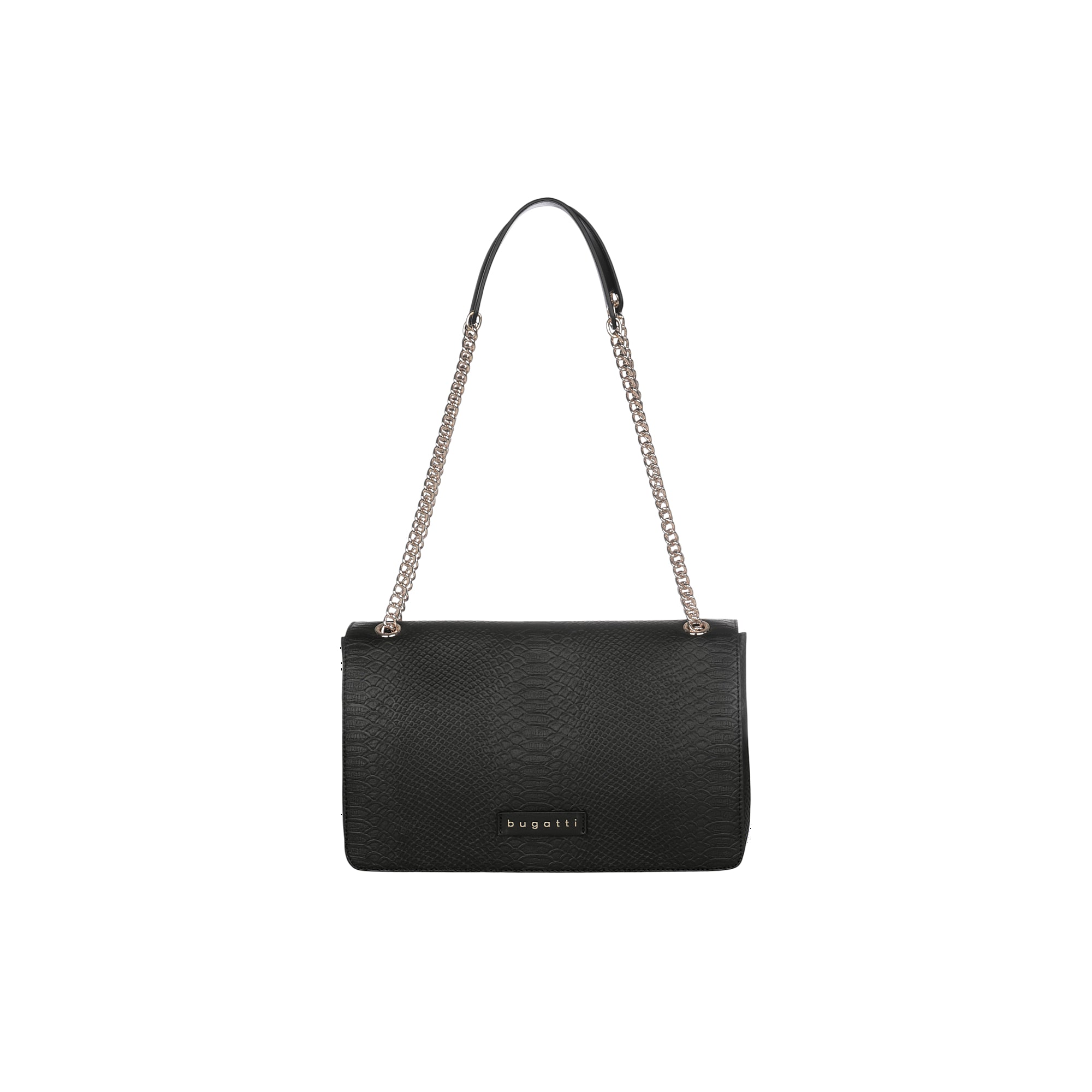 Black shoulder bag with embossed snakeskin texture, silver-toned chain straps, and a black top handle. 'bugatti' on front.