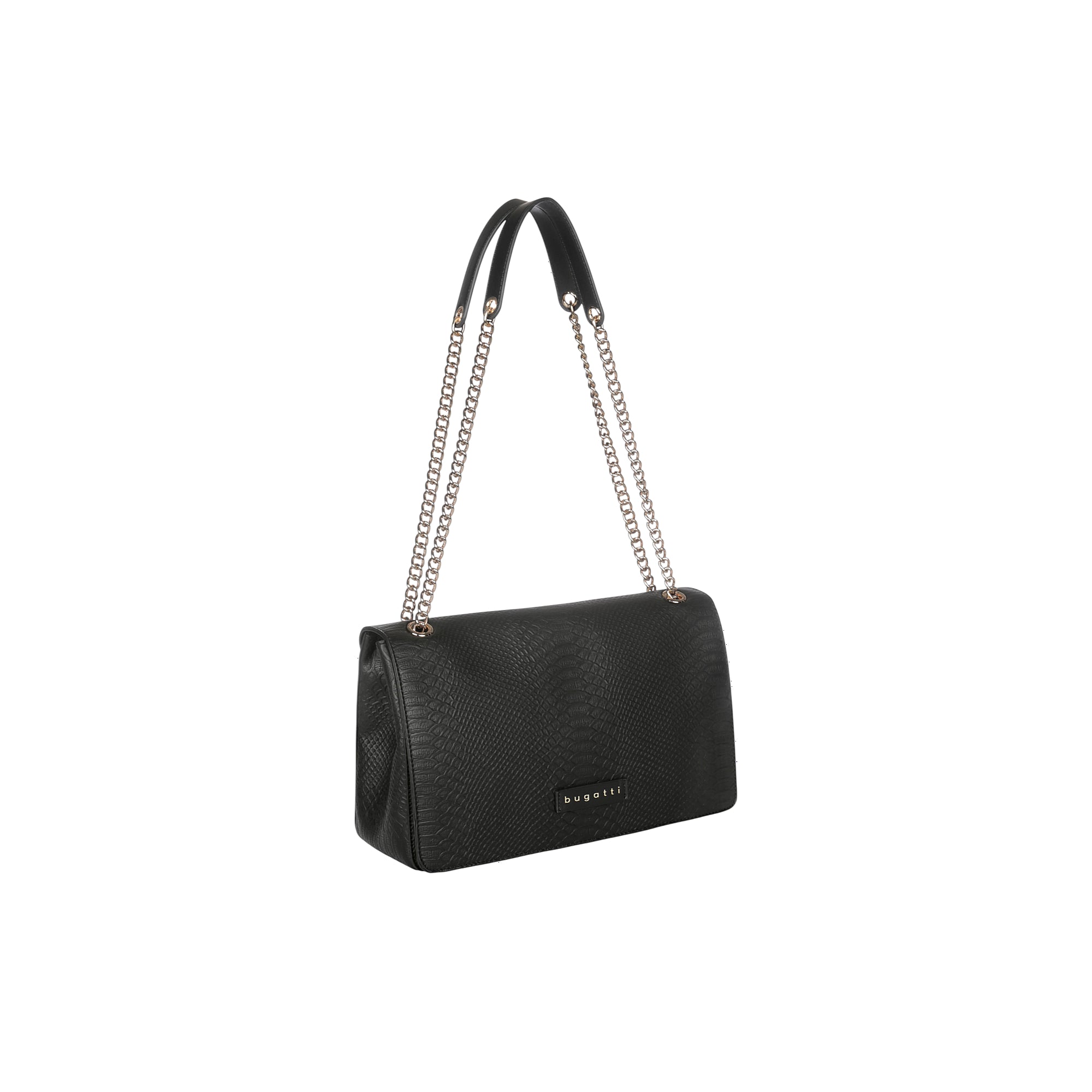 Black shoulder bag with snakeskin-embossed texture, a front flap, and two silver-toned chain straps with black shoulder pads.