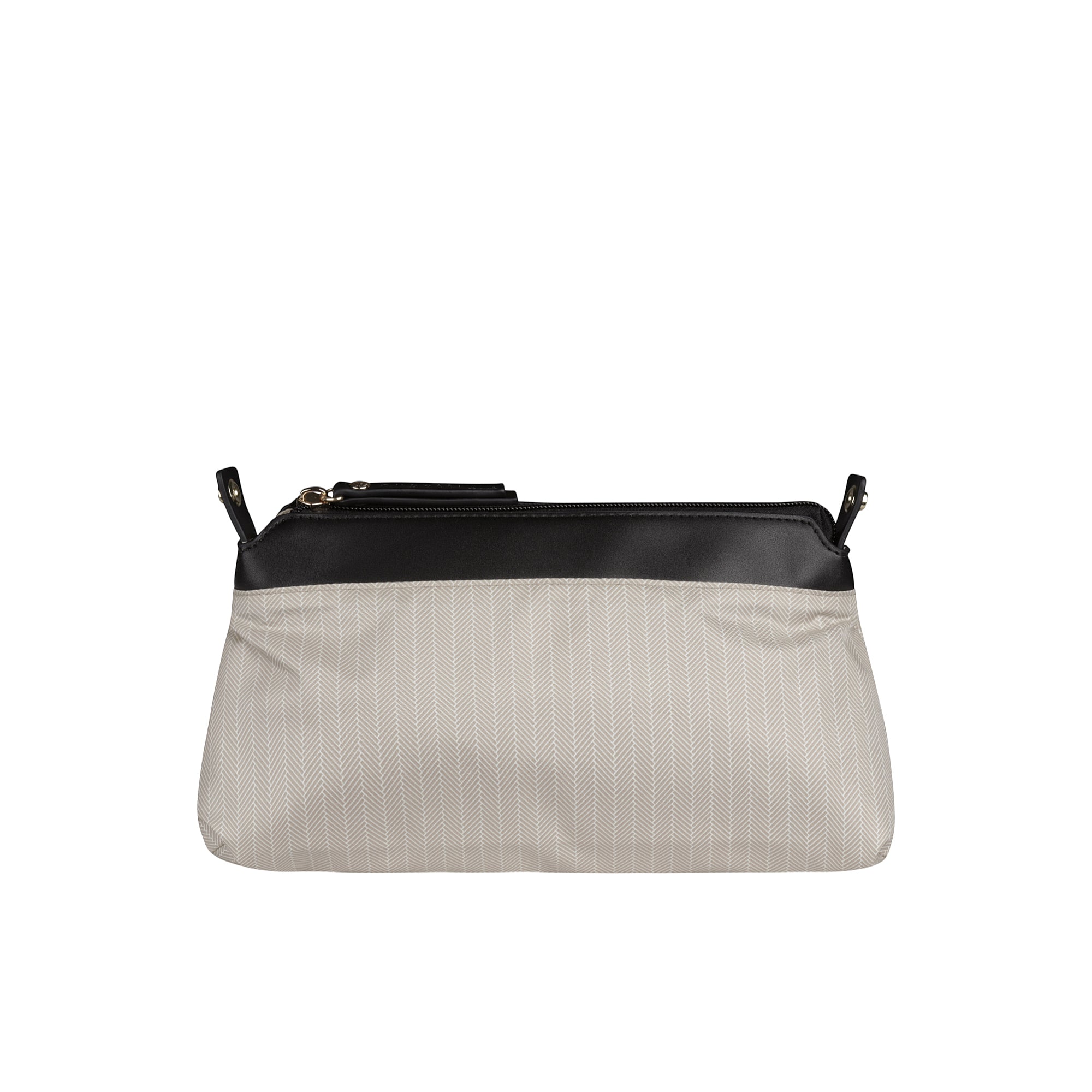 Black and light grey shoulder bag with herringbone pattern. Features a black top panel, zipper closure with gold-toned pull,