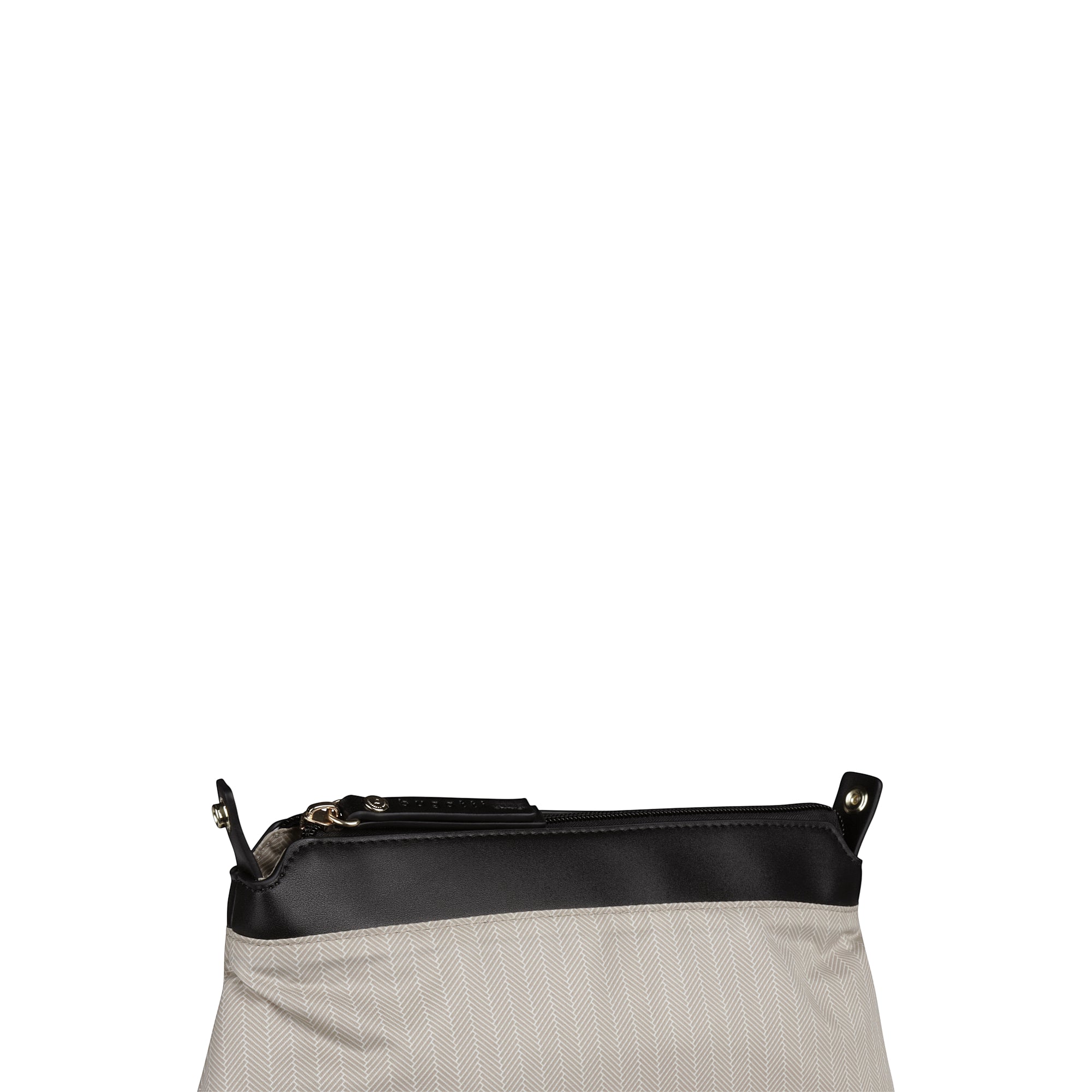 Black and beige shoulder bag with a herringbone pattern. It has a black top trim, a gold-toned zipper, and gold-toned side st