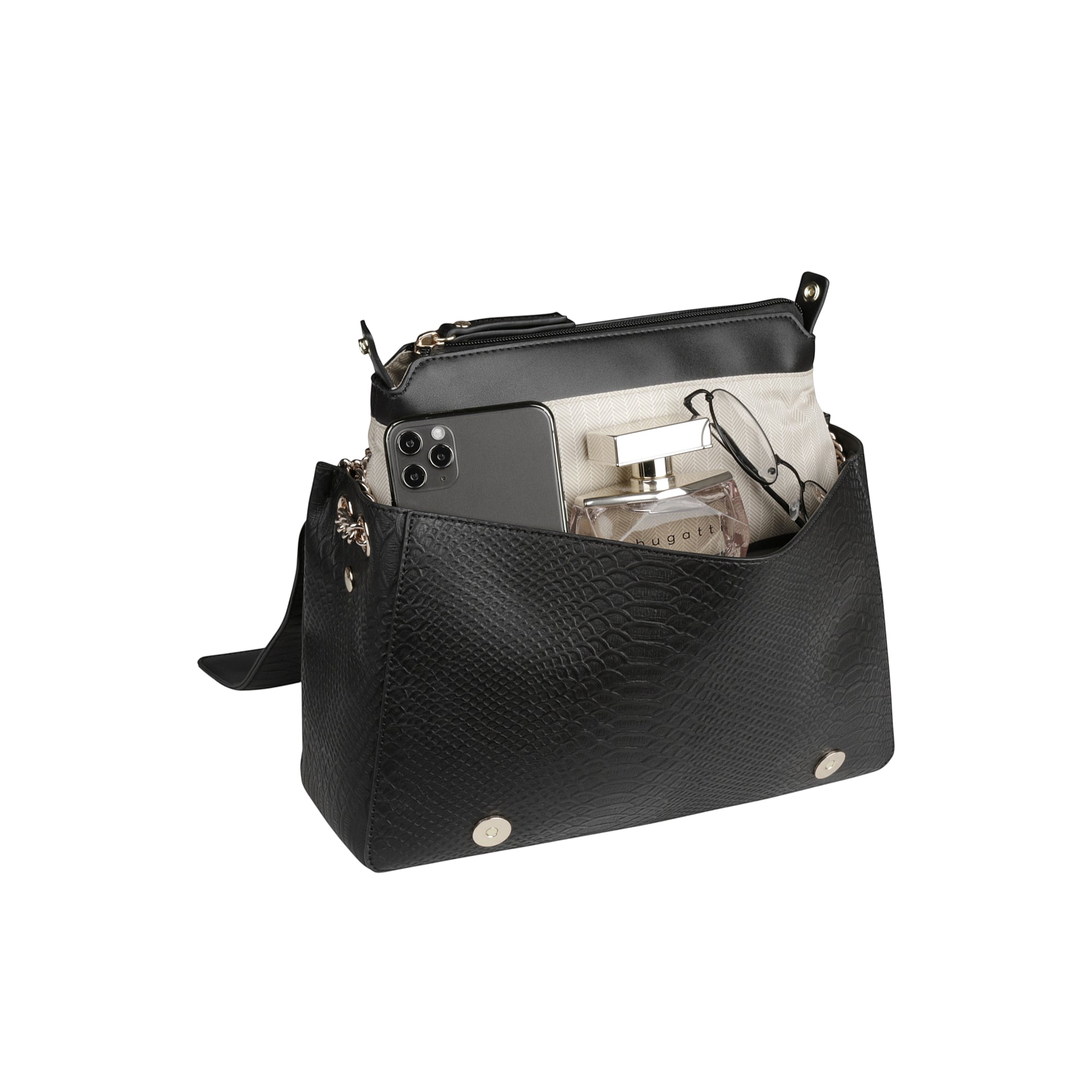 Black shoulder bag with subtle snakeskin-embossed texture, gold-toned hardware, and a black strap. Interior visible, lined wi