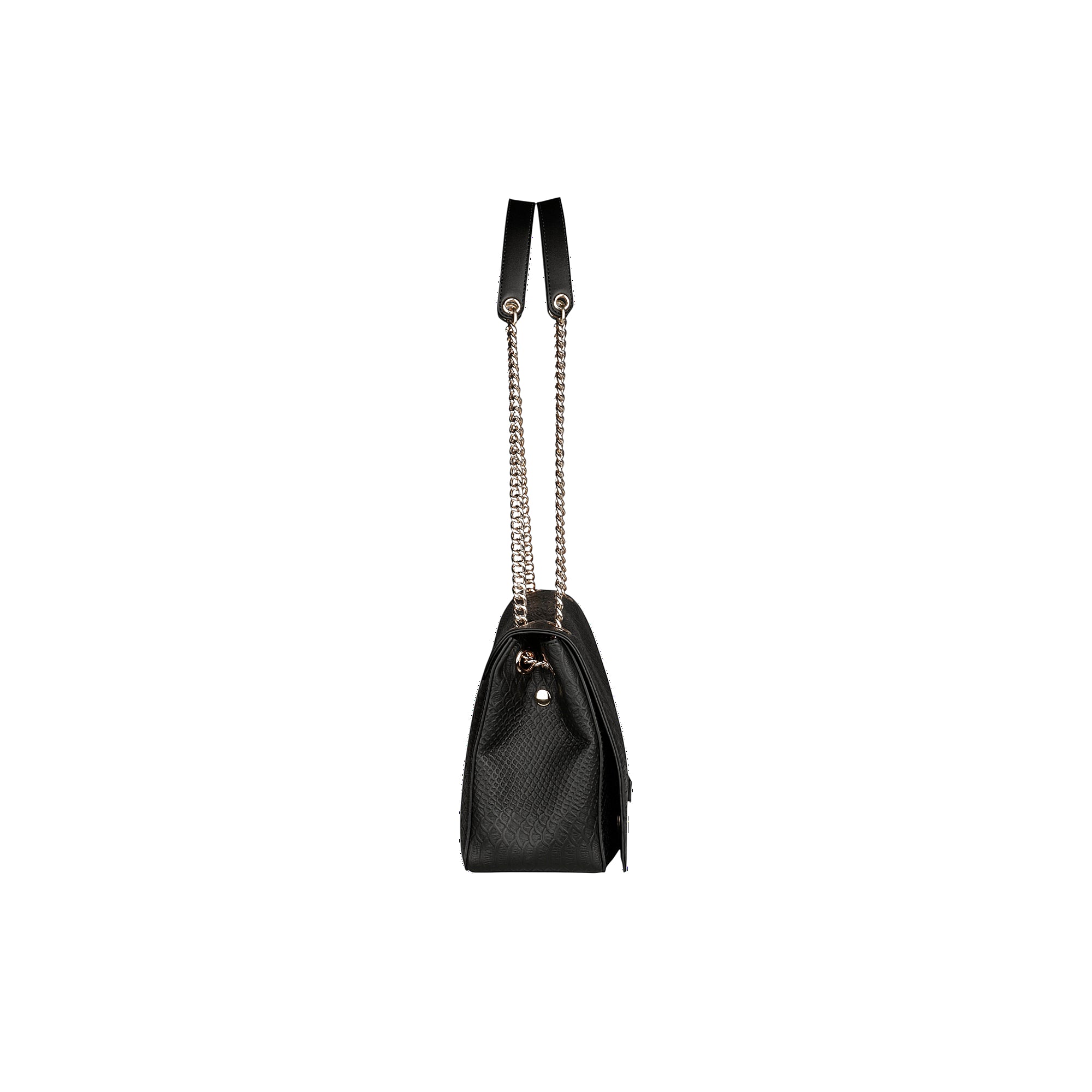 Black shoulder bag with a subtle snakeskin texture, silver-toned chain strap, and black shoulder pad. Flap closure.