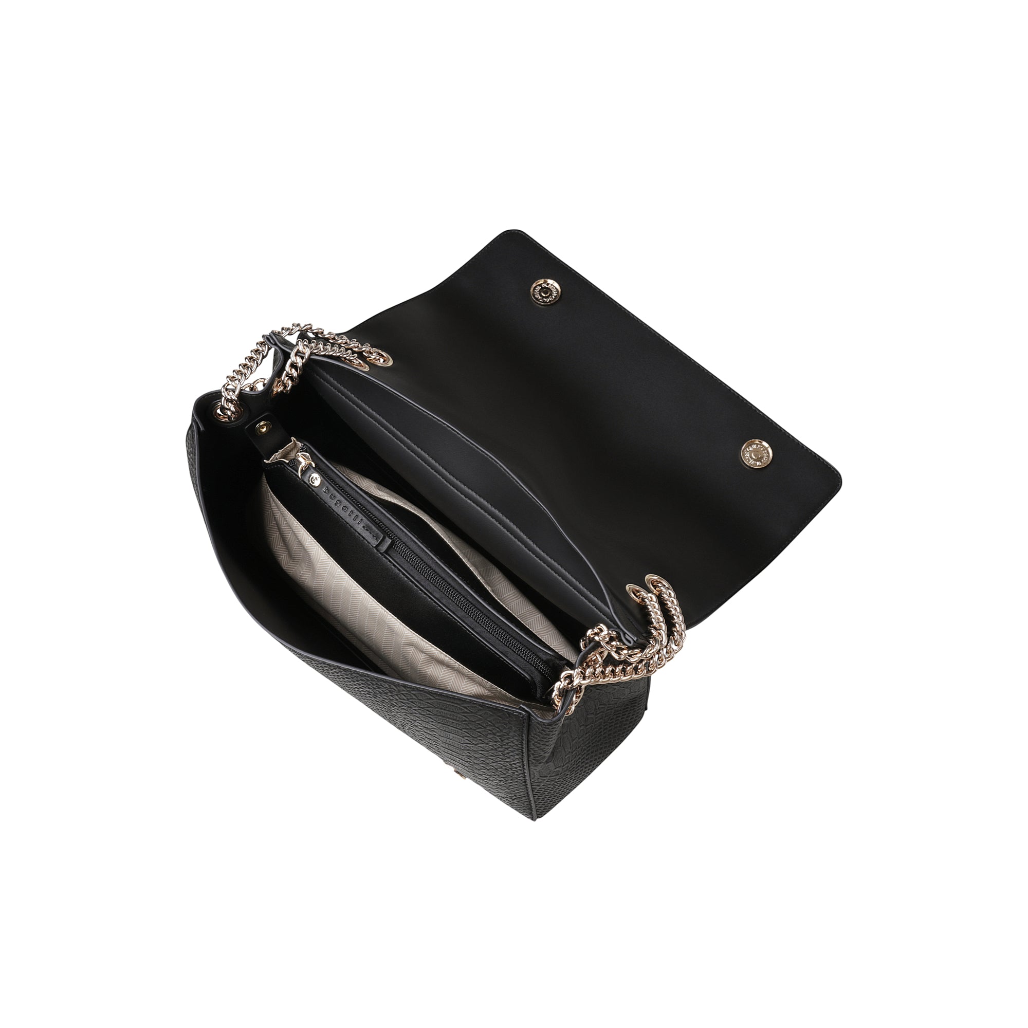 Black pebbled leather shoulder bag with open flap, light interior, zippered pouch, and silver-toned chain straps and snap clo
