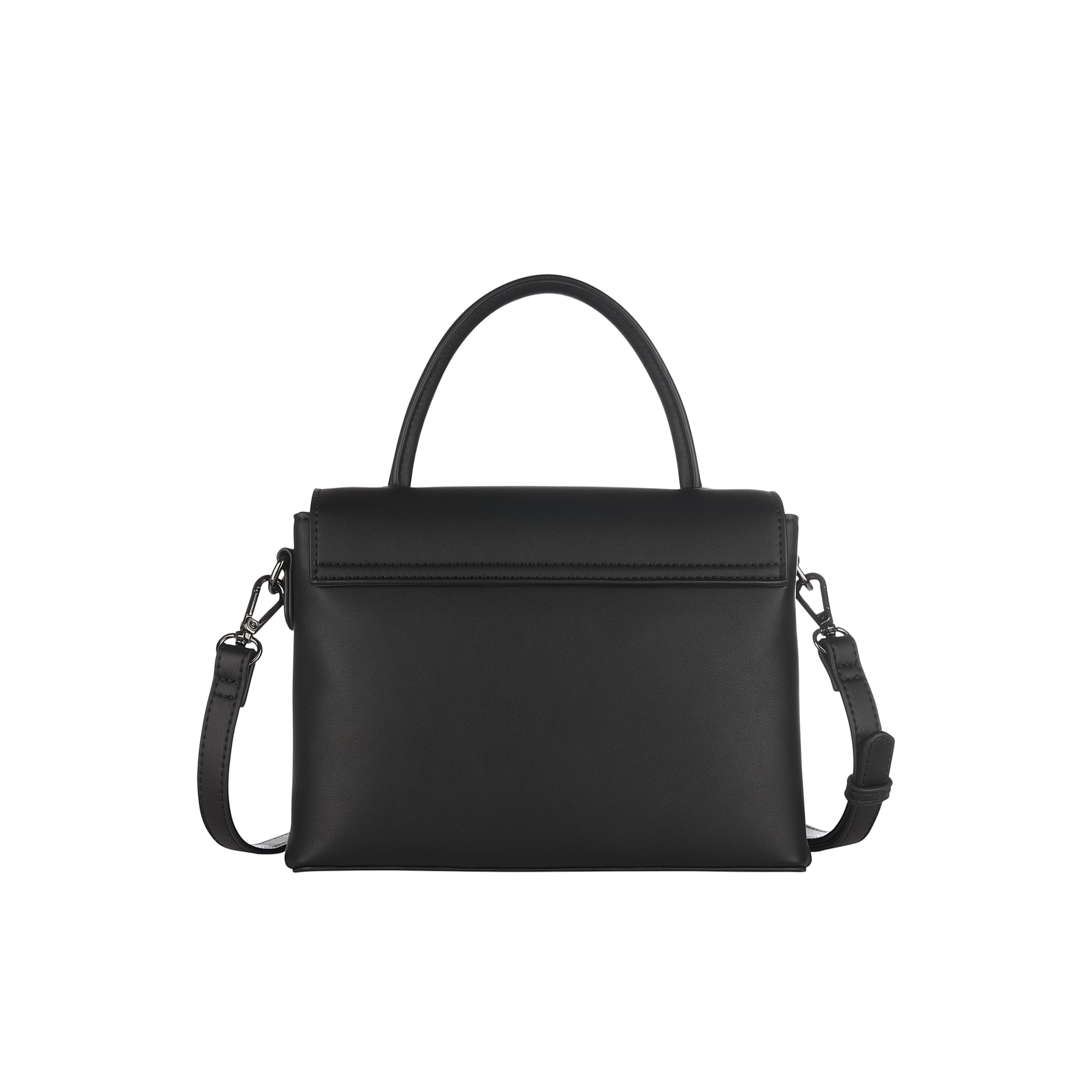 Black structured handbag with a top handle, a flap closure, and a detachable shoulder strap, shown from the back.