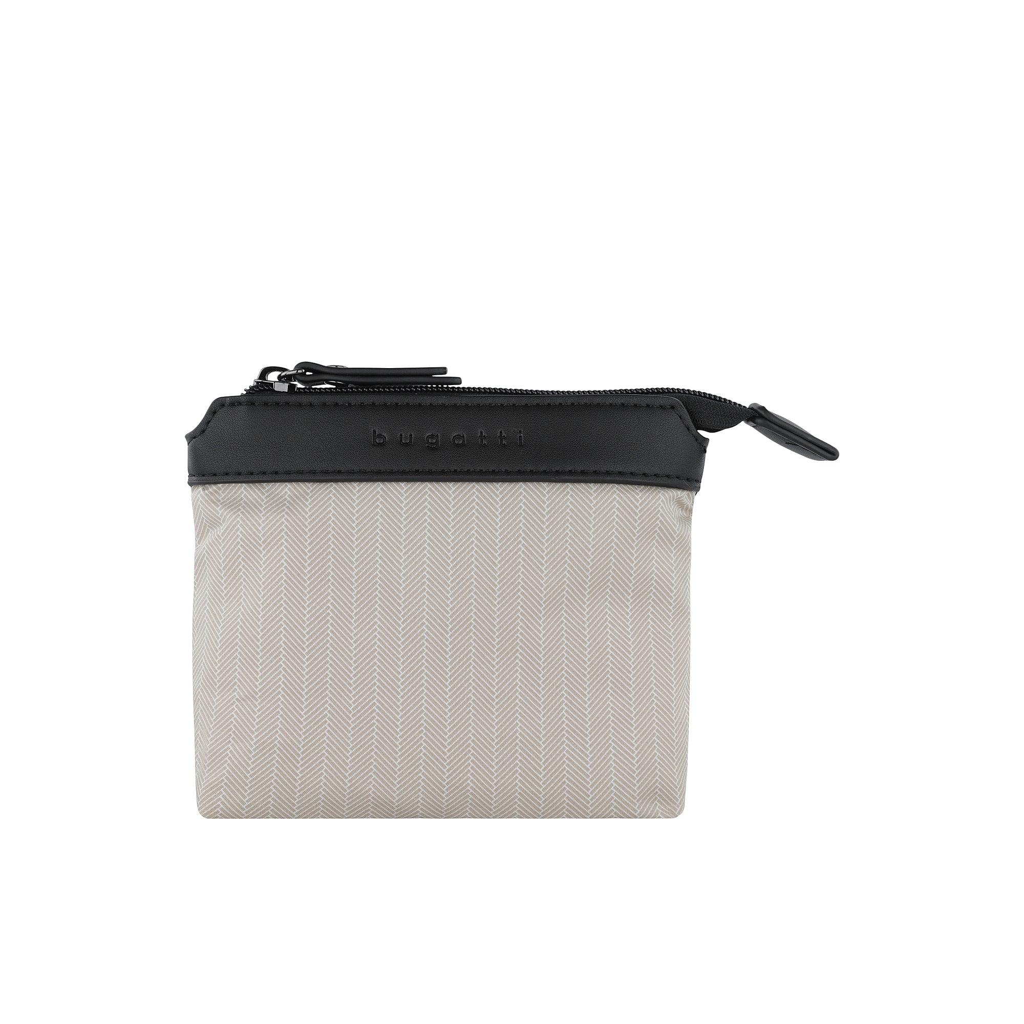Small rectangular pouch with a black top panel featuring 'bugatti' text, and a beige herringbone fabric body. Black zipper cl