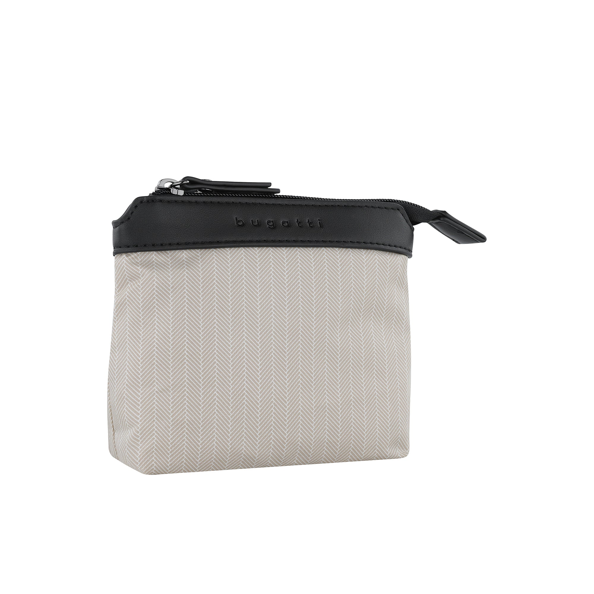 Small rectangular pouch with a light beige herringbone fabric body, black top trim, and silver-toned zipper. 'bugatti' on tri