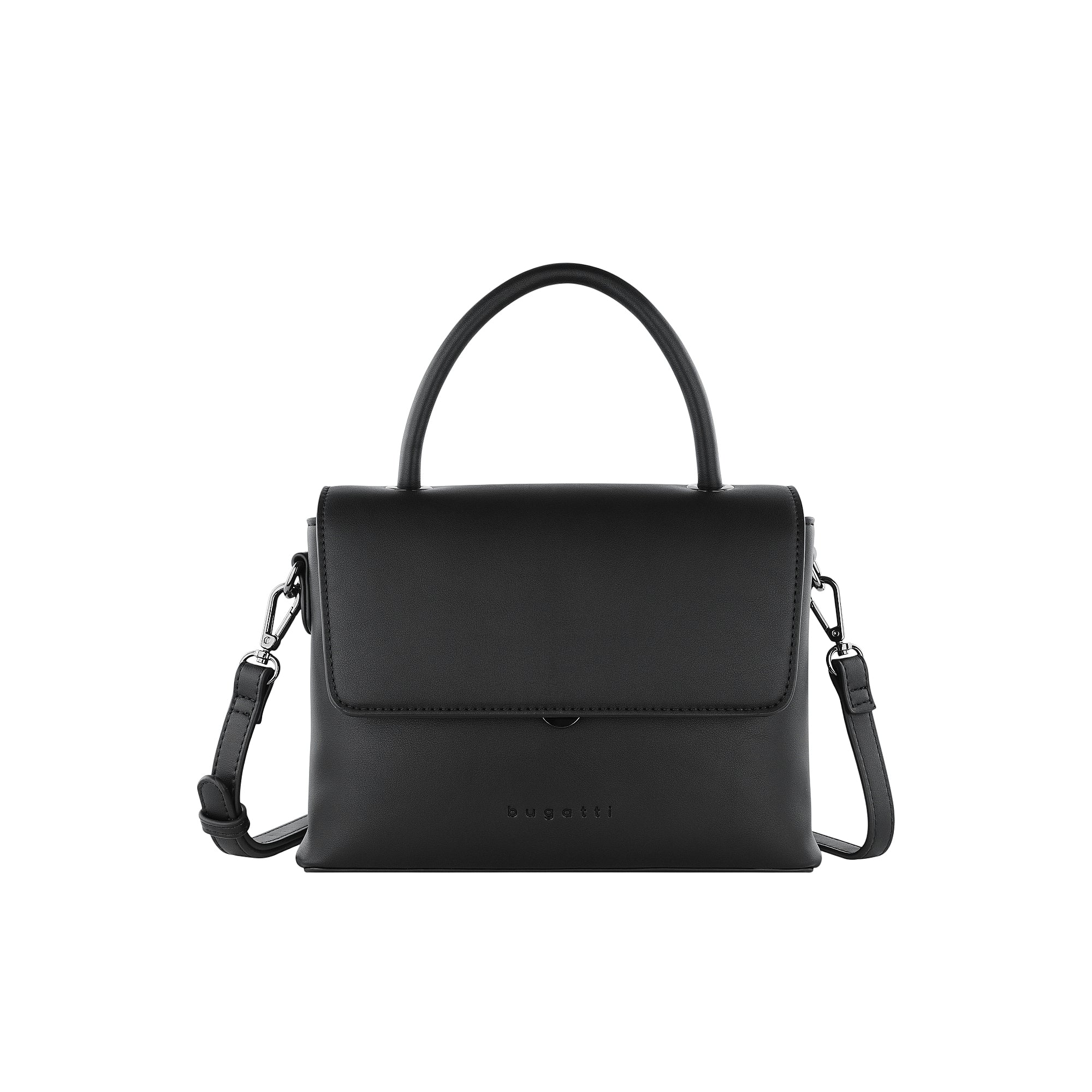 Black faux leather handbag with a top handle, a front flap closure, and a detachable shoulder strap with silver-toned hardwar