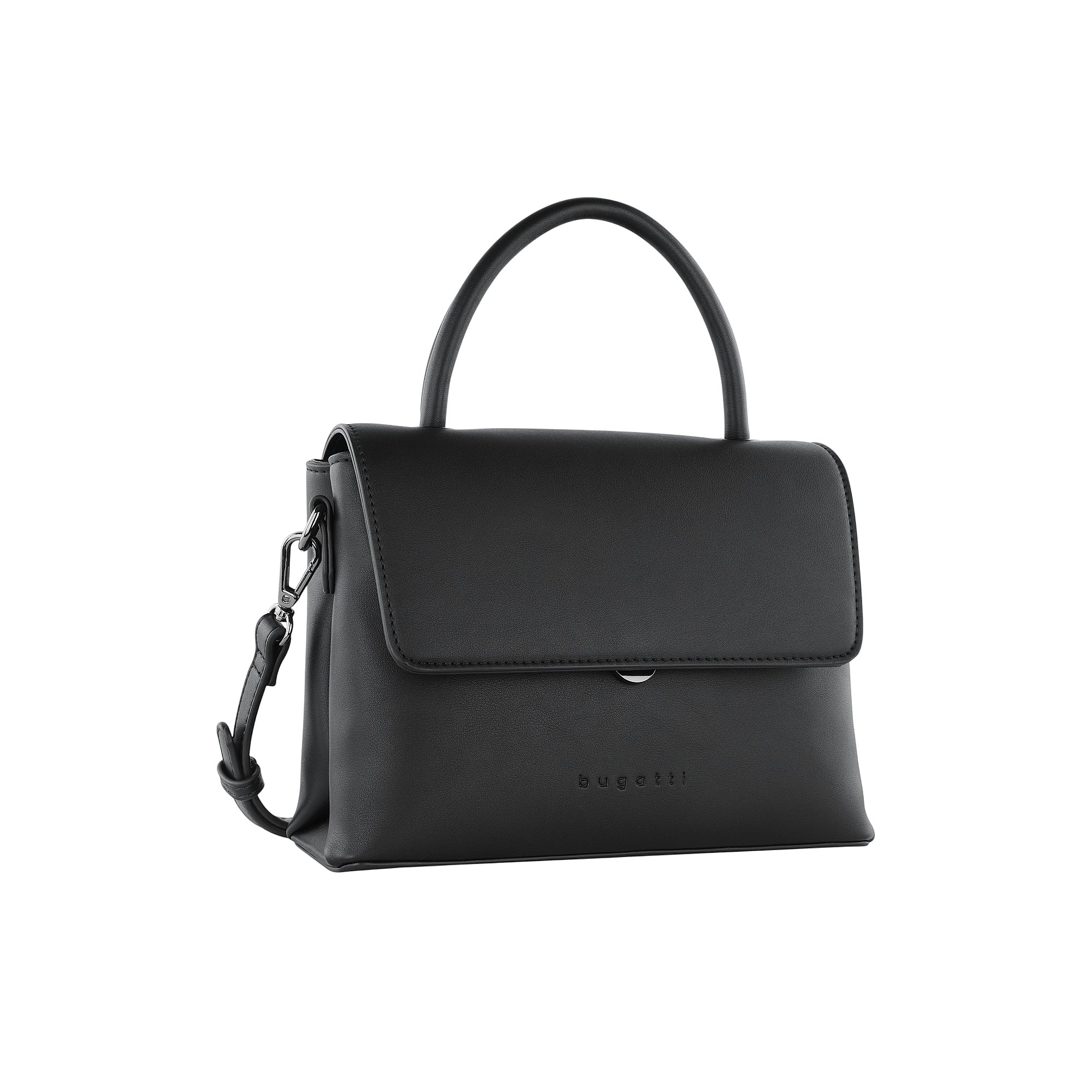 Black faux leather top-handle bag with a front flap, silver-toned hardware, detachable shoulder strap, and 'bugatti' logo.