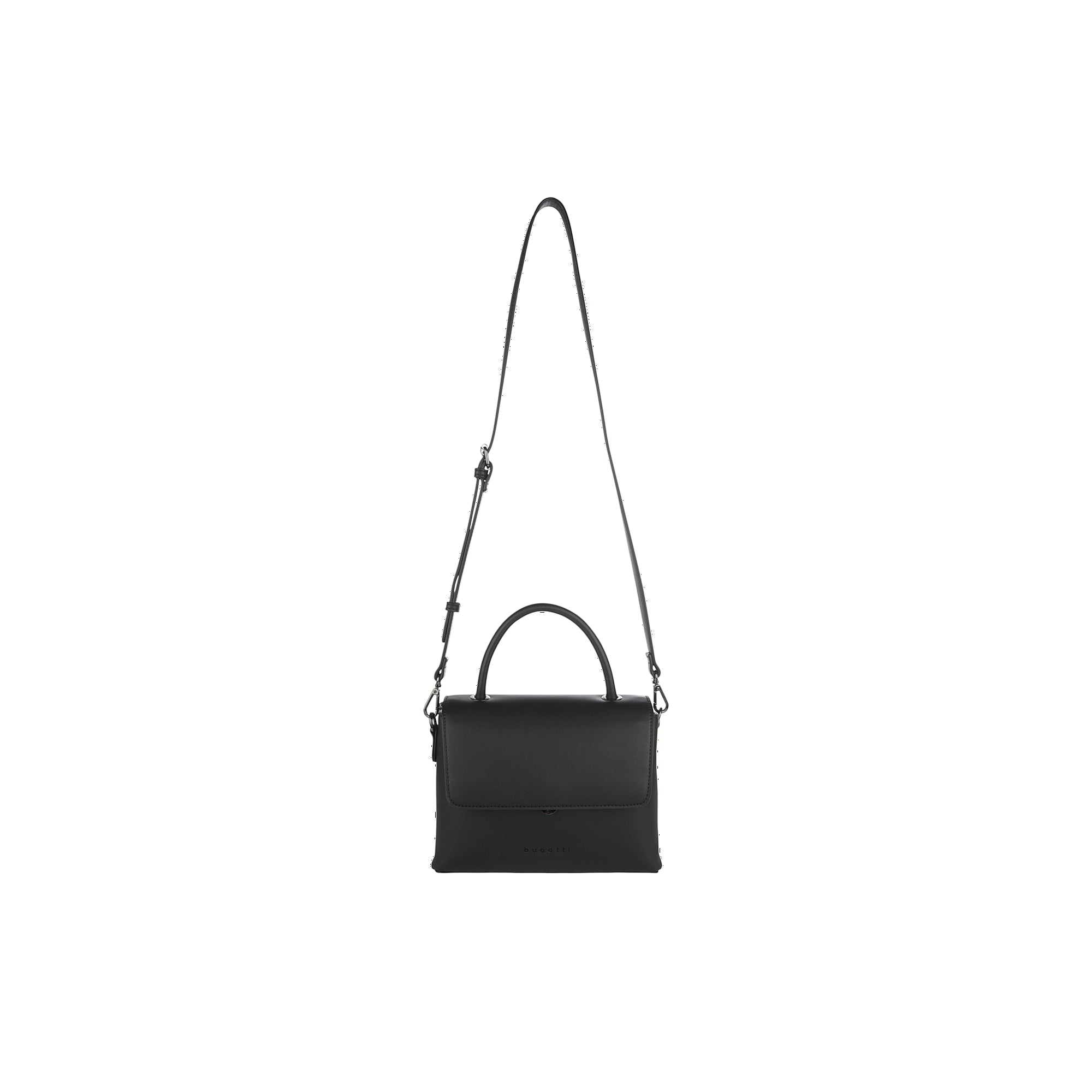 Small black leather-look handbag with a top handle, front flap, and an adjustable, detachable shoulder strap with silver-tone