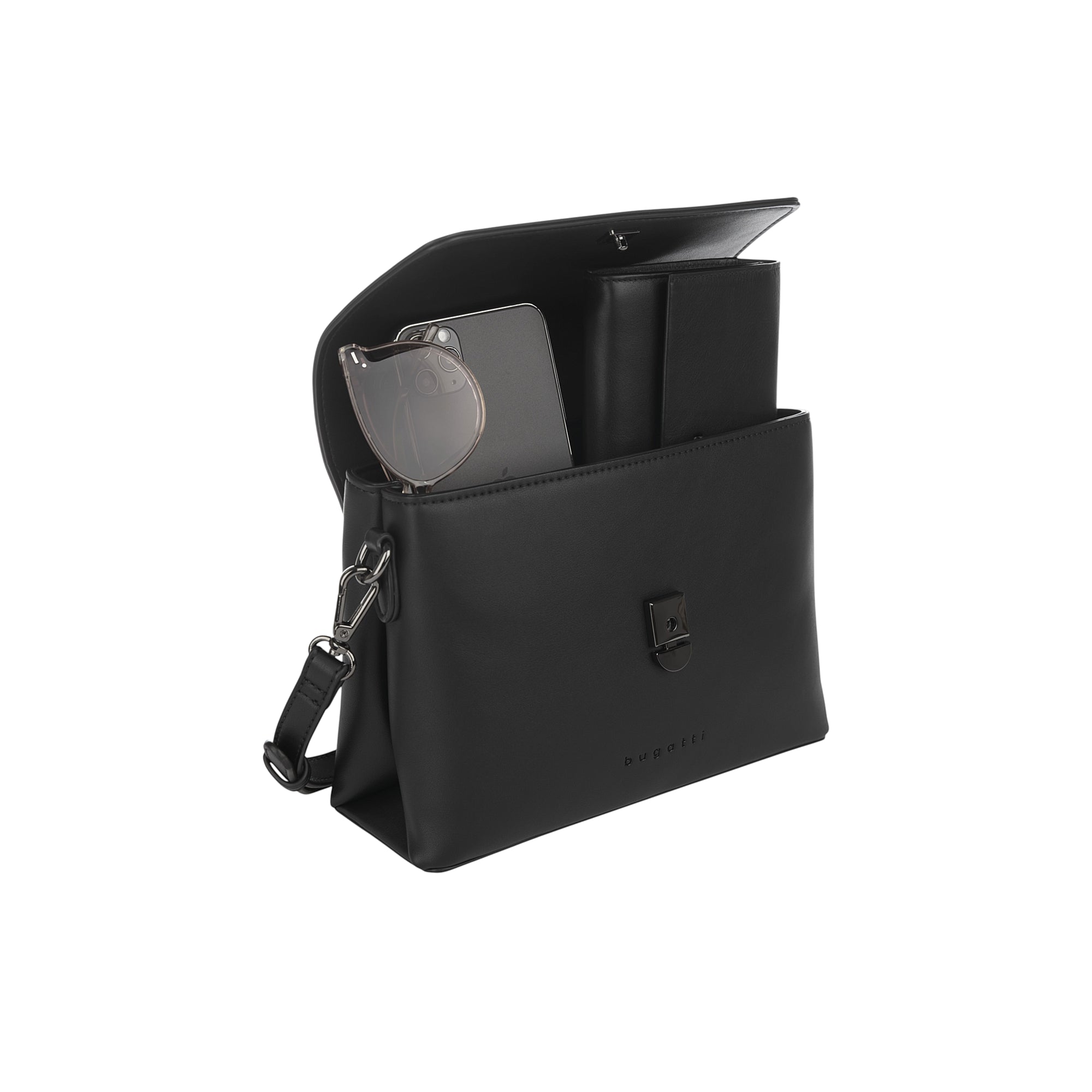 Black smooth shoulder bag with an open flap, a gunmetal-toned twist-lock closure, and an adjustable strap.