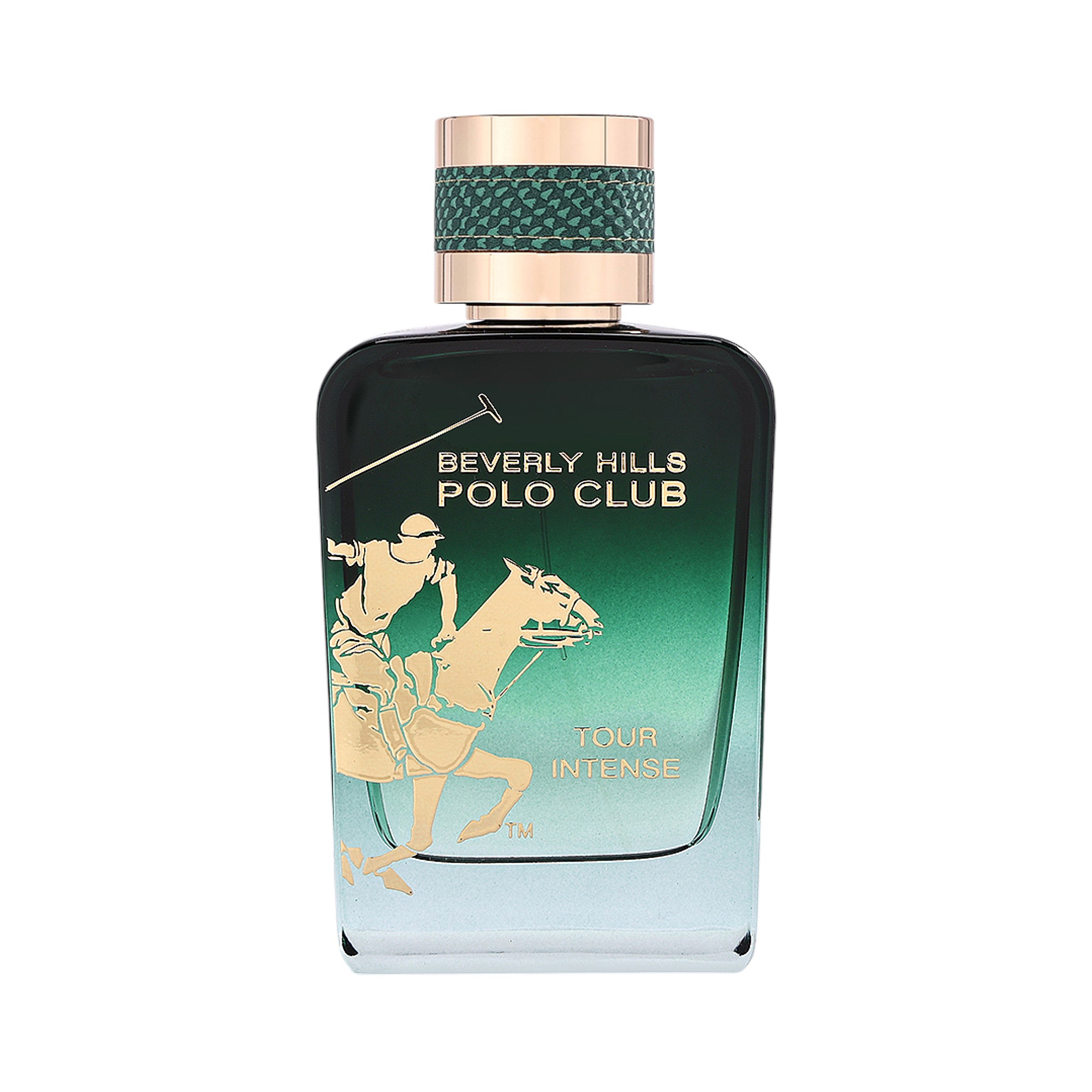 Ombre dark green to light blue perfume bottle with gold-toned polo player graphic and text. Gold-toned cap with green texture