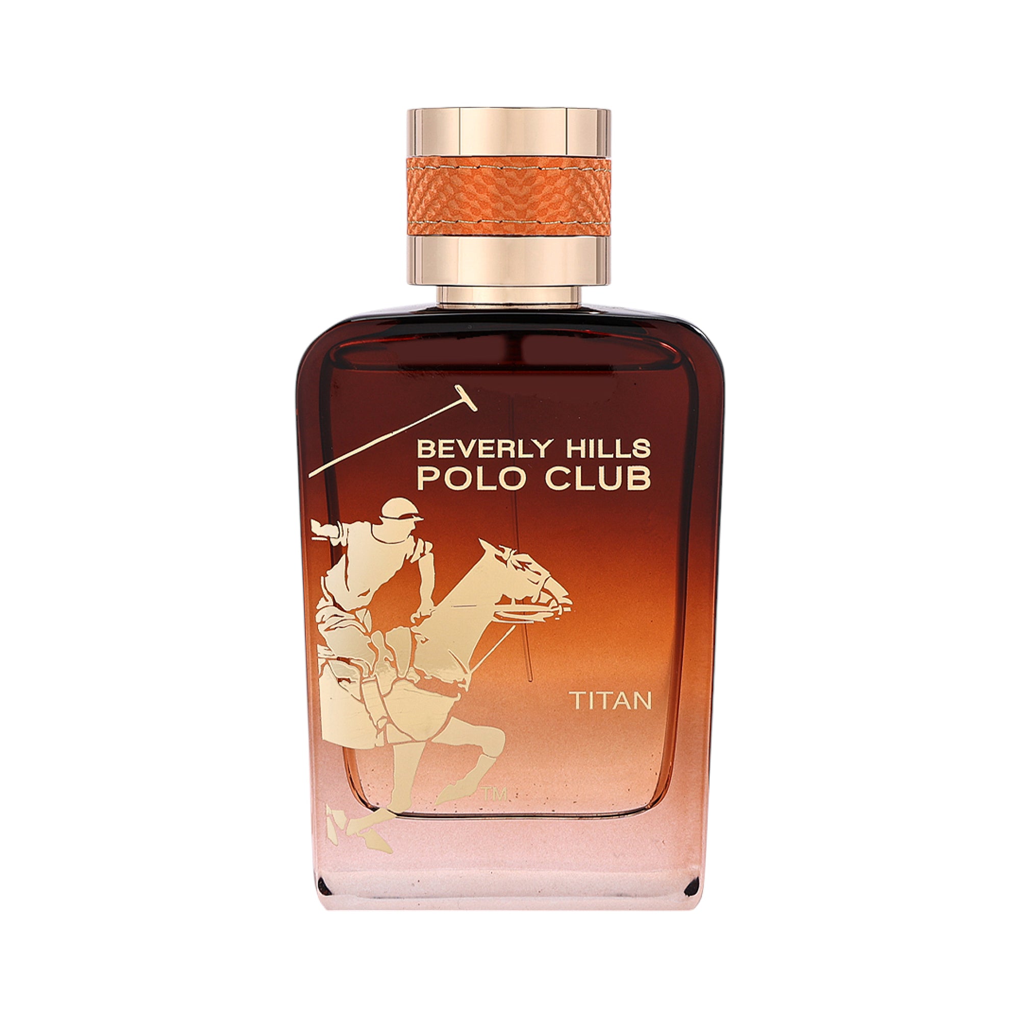Rectangular perfume bottle with dark brown to light pink ombre glass, gold-toned polo player graphic and text, and a gold-ton