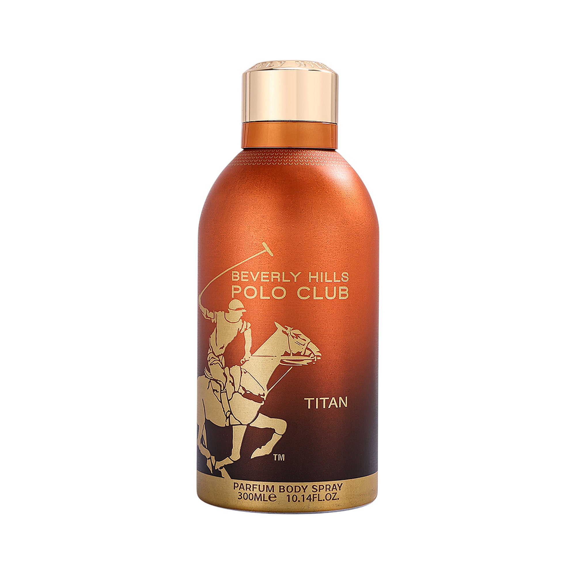 Metallic reddish-brown to dark brown body spray bottle with a gold-toned cap and base. Features a gold polo player logo.