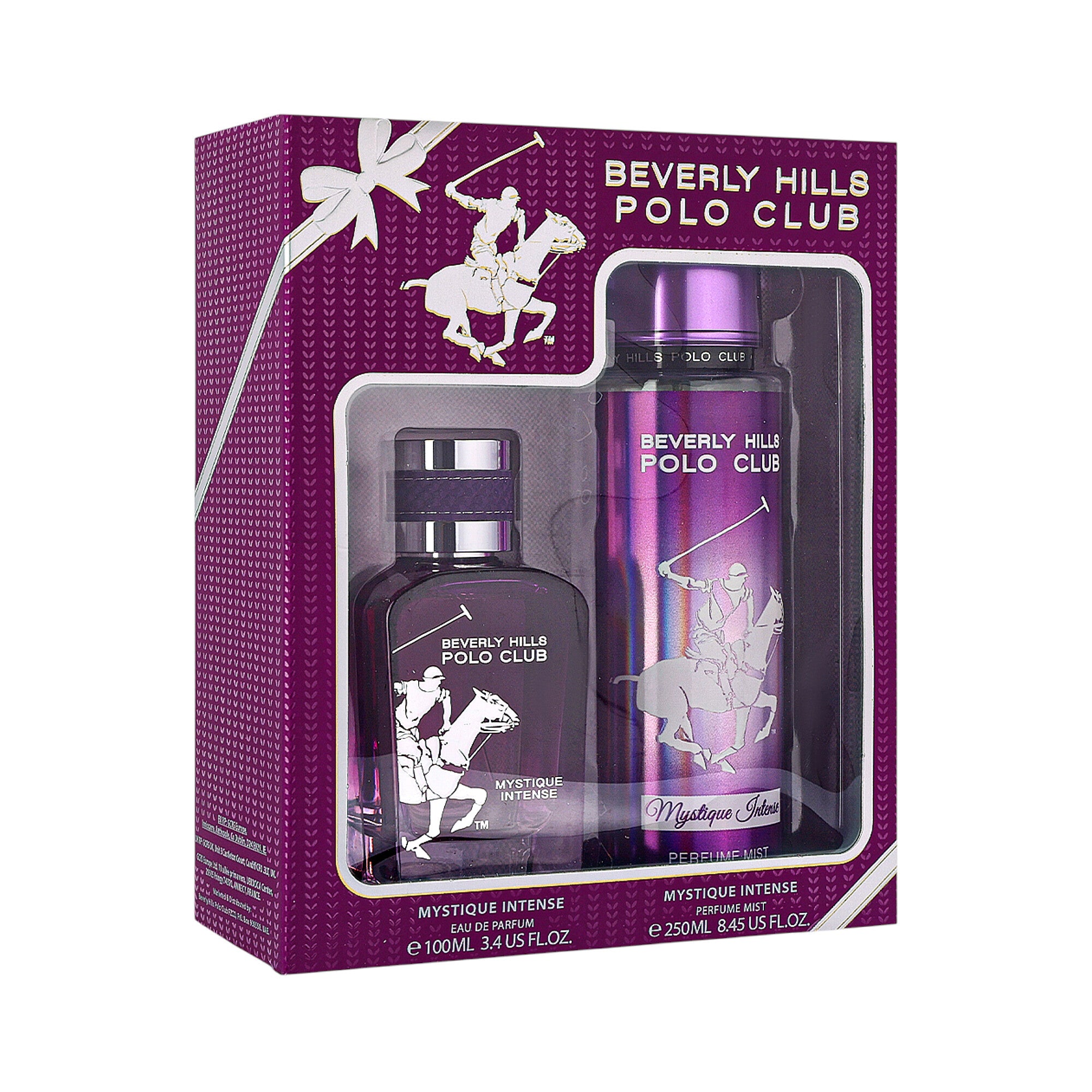 Purple gift set box containing a dark purple perfume bottle and body mist. Both have silver-toned caps and white polo player
