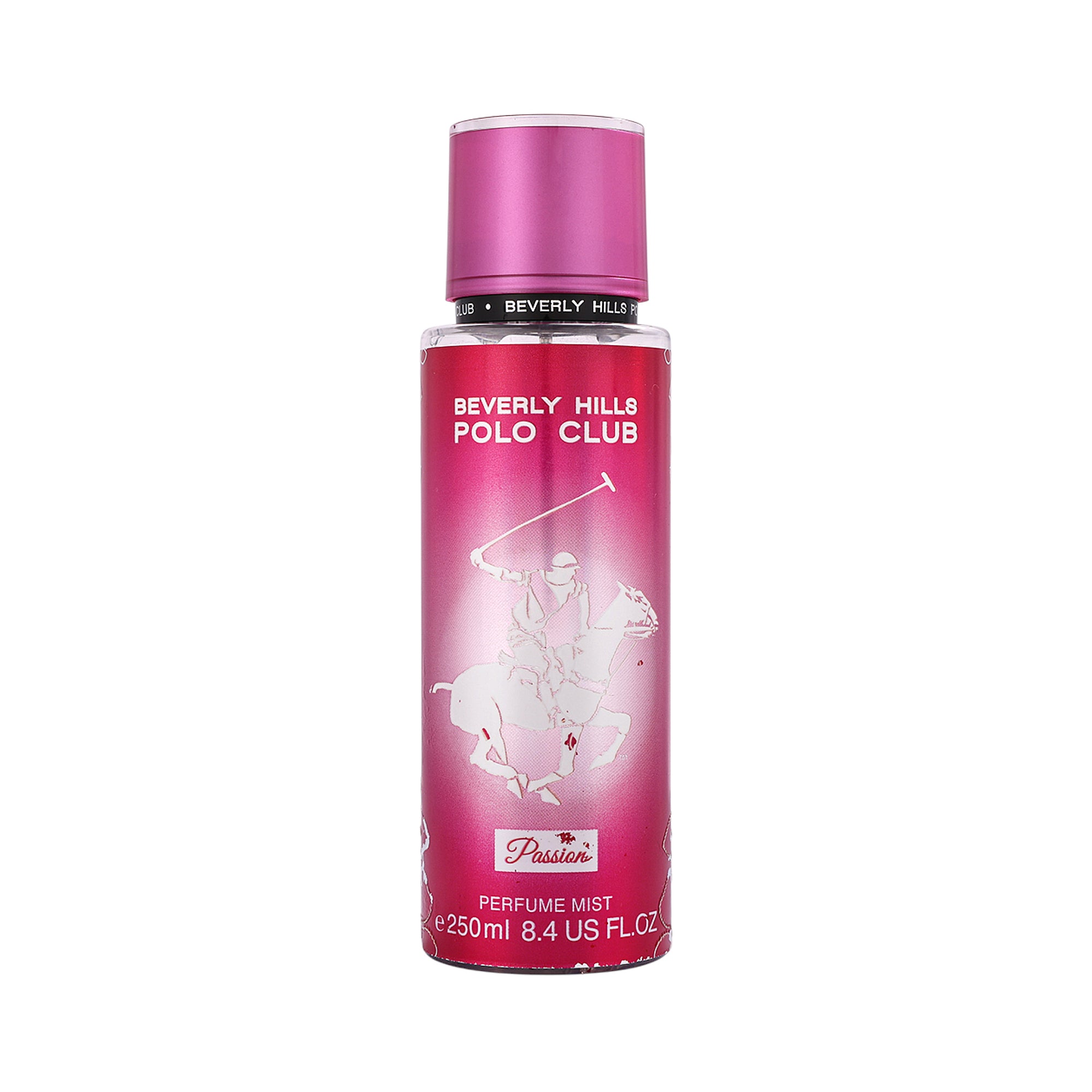 Pink spray bottle with a dark pink cap, featuring a white polo player graphic and 'Beverly Hills Polo Club' text.