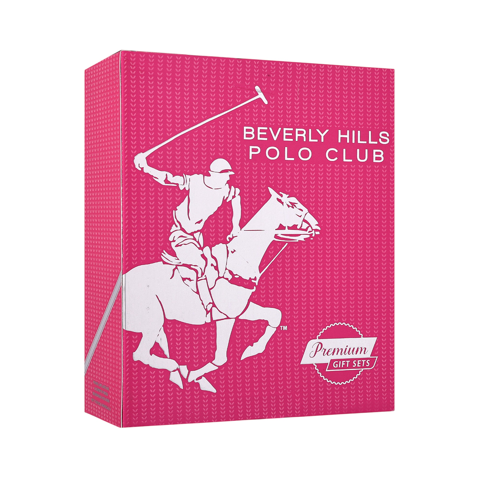 Pink gift box with a subtle V-pattern, featuring a white graphic of a polo player on a horse and 'BEVERLY HILLS POLO CLUB' te