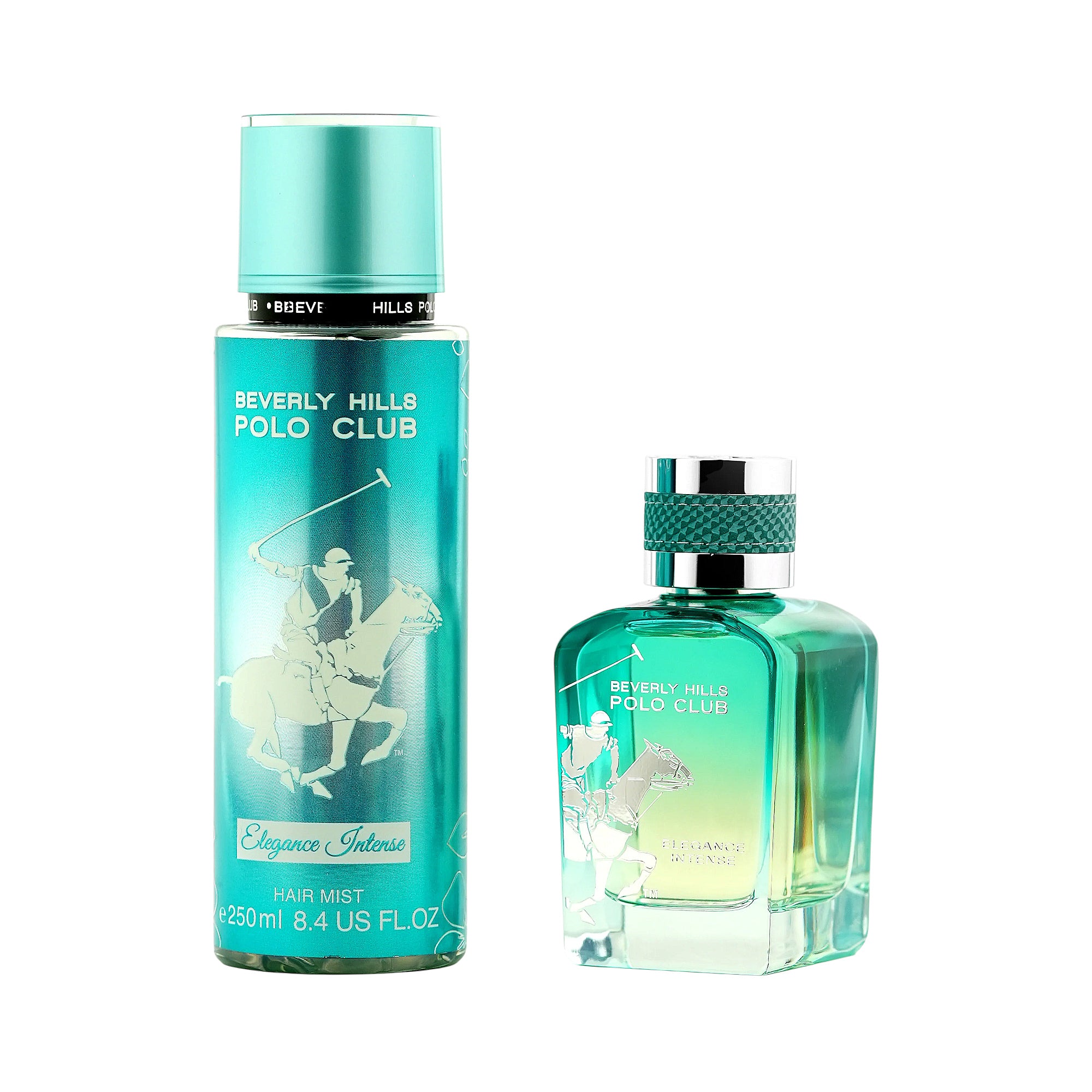 Teal and green gradient fragrance set with a cylindrical hair mist bottle and a rectangular EDP bottle, both featuring a polo