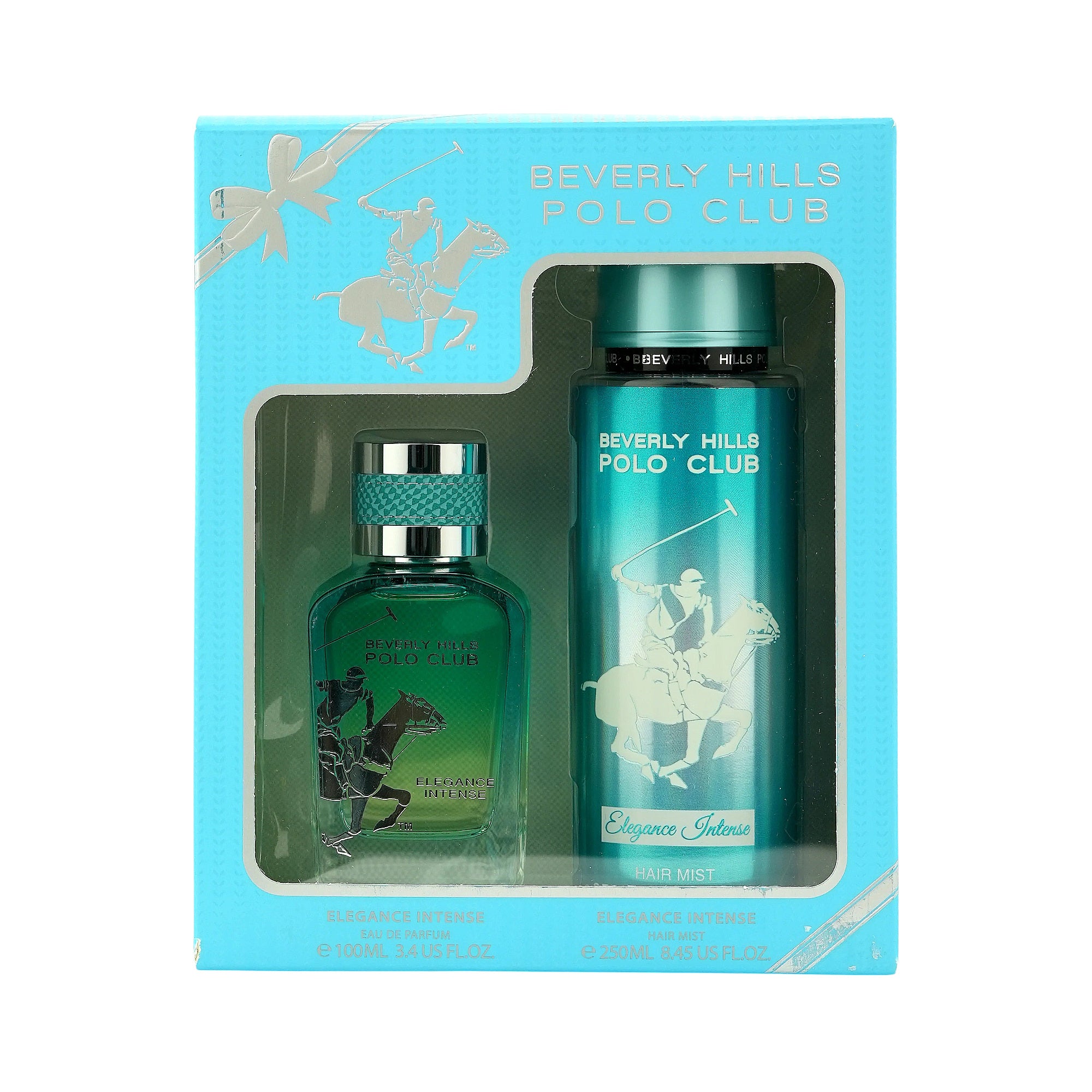 Two greenish-blue bottles. Small glass EDP with silver-toned cap, dark polo graphic. Tall opaque hair mist with teal cap, lig