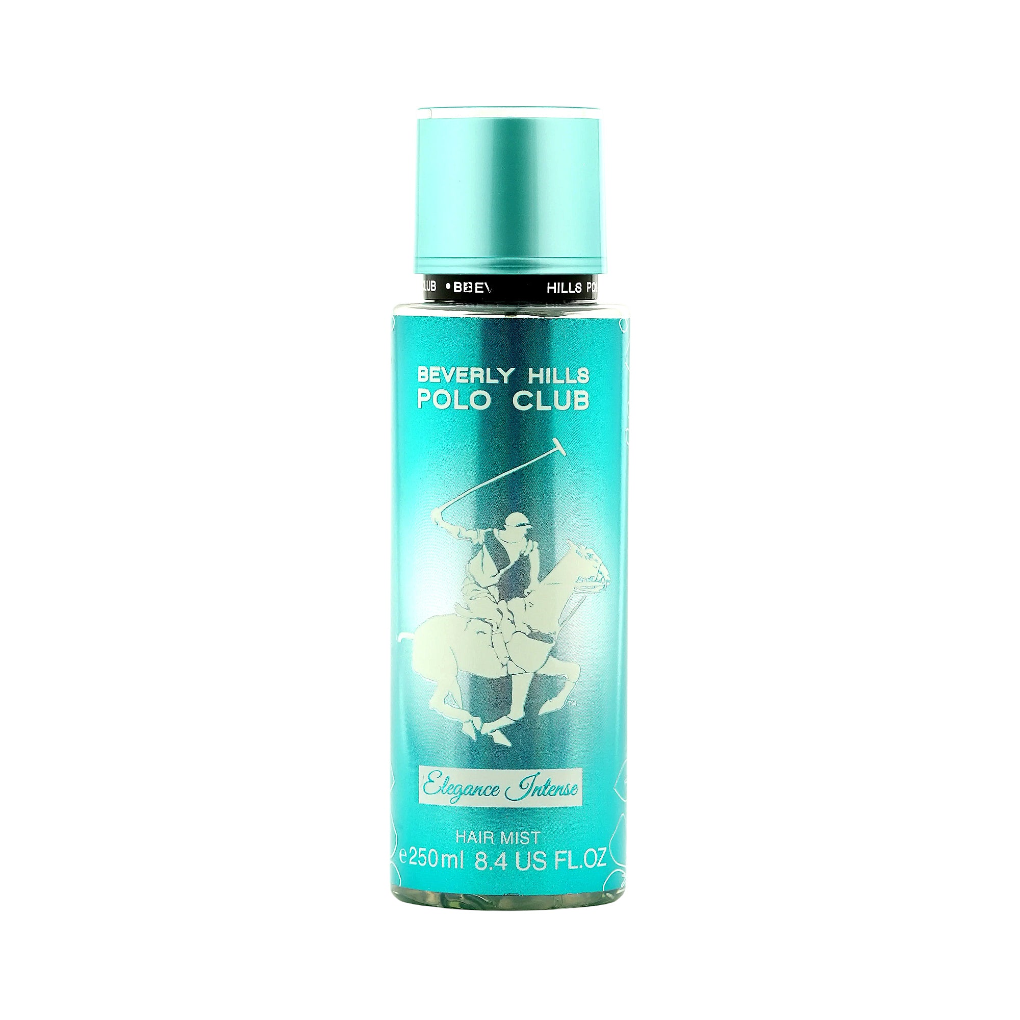 Cylindrical teal hair mist bottle with a matching cap, 'Beverly Hills Polo Club' text, and a polo player graphic.