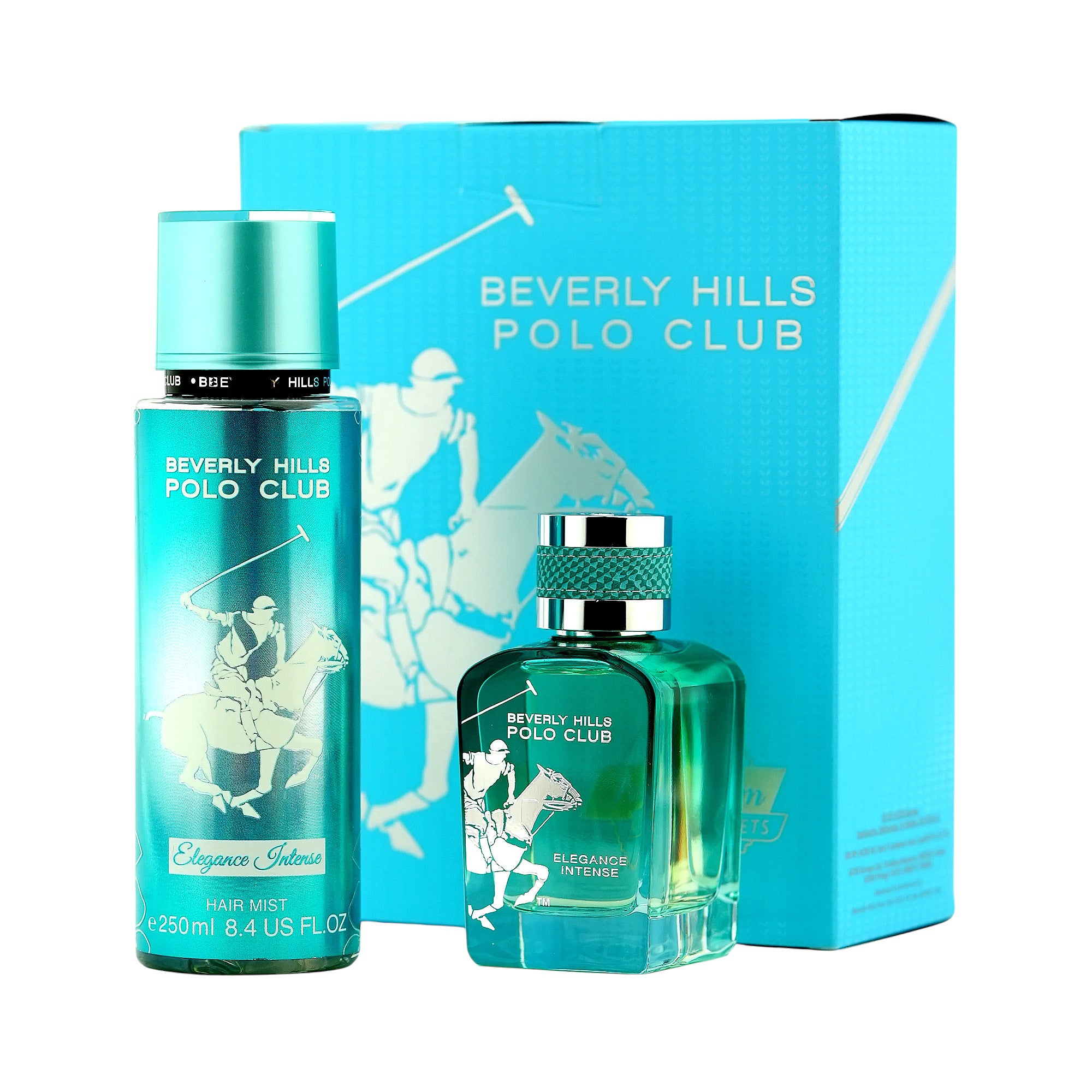 Turquoise fragrance set: box, hair mist, and EDP bottle. All have a white polo player graphic. EDP bottle has a silver-toned