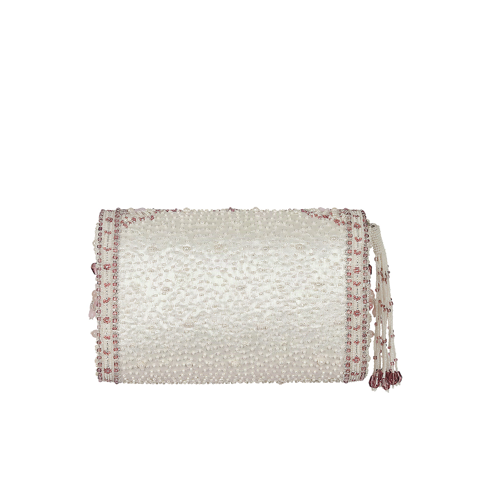 Pristine ivory beaded flapover clutch bag with rose quartz pink beaded borders and a matching tassel.