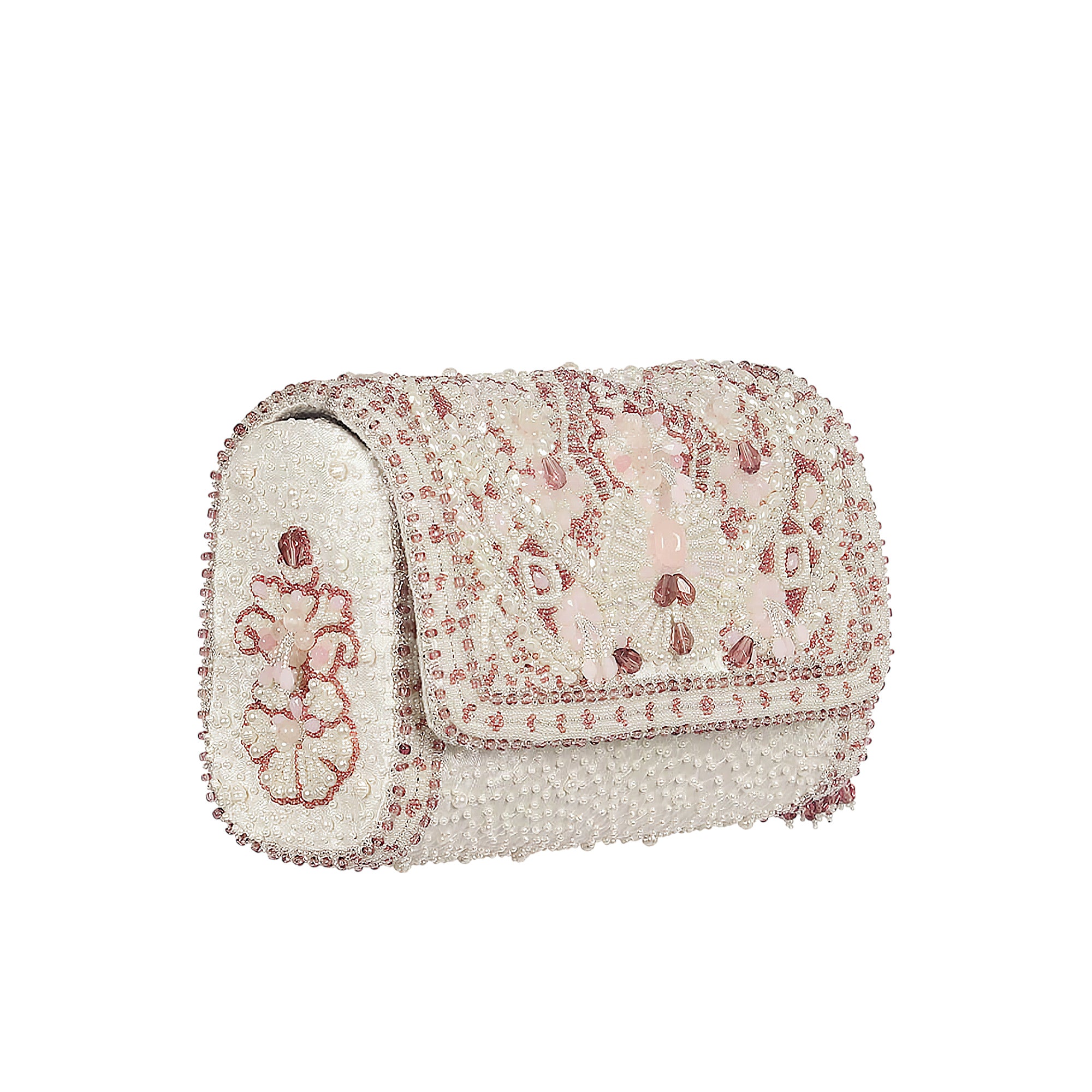 Pristine ivory flapover clutch bag heavily beaded with small white beads and rose quartz pink floral patterns of beads and se