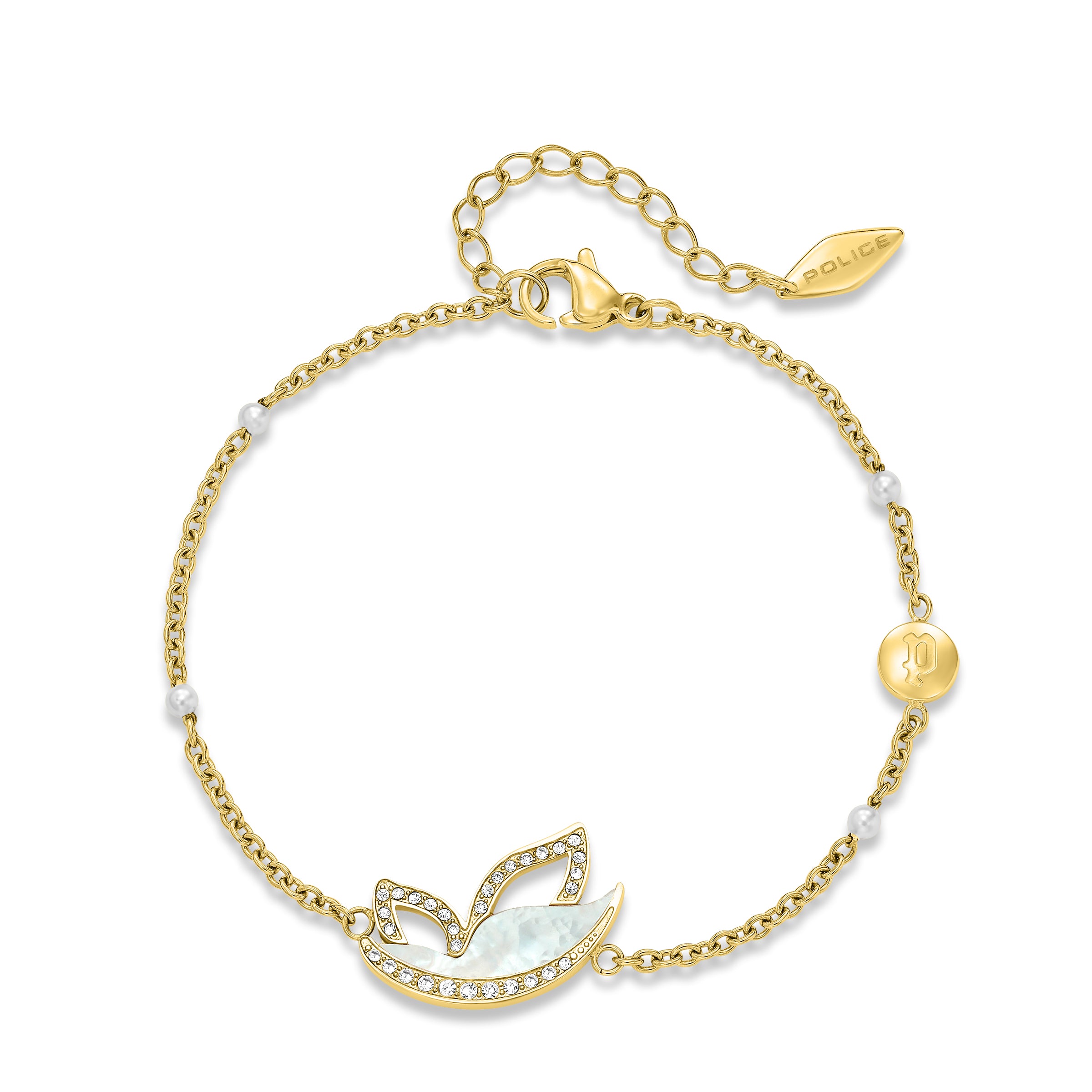 Gold-toned chain bracelet with a mother-of-pearl and crystal-studded bird-shaped charm, small pearl beads, and a logo disc.