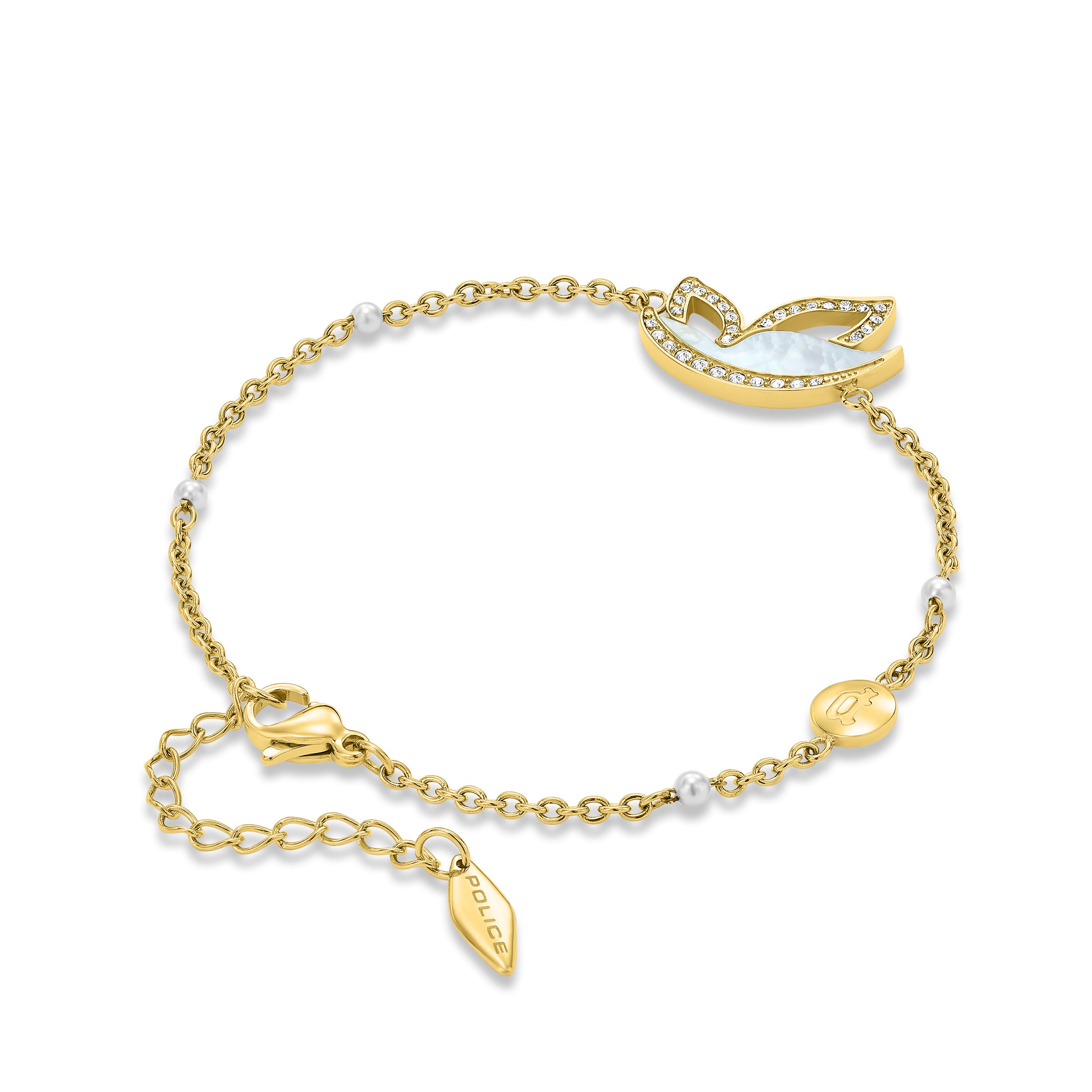 Gold-toned chain bracelet with a mother-of-pearl bird charm adorned with clear stones, interspersed with small white pearl be