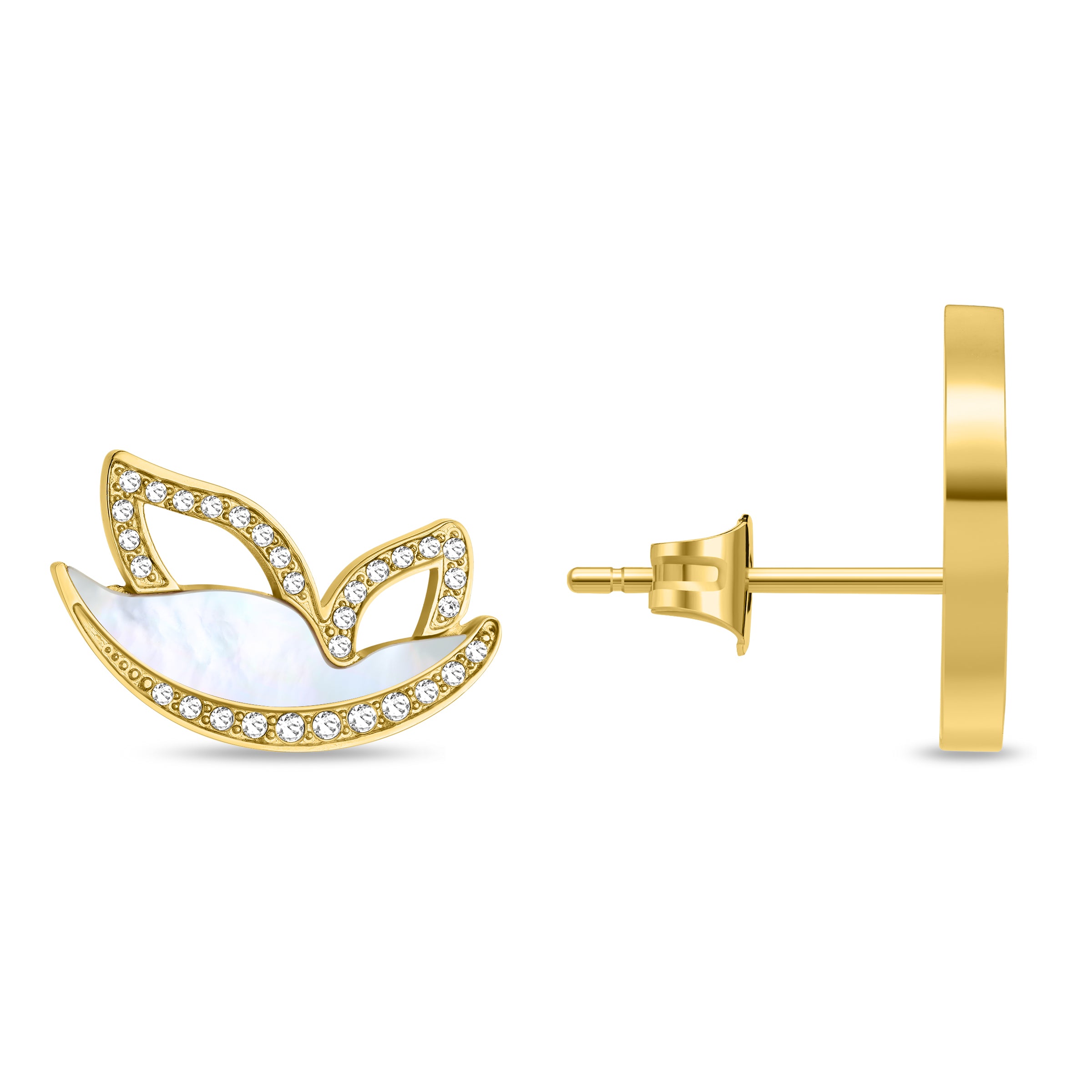 Gold-toned stud earring with a bird-like motif, featuring iridescent white mother-of-pearl and clear pave-set crystals.