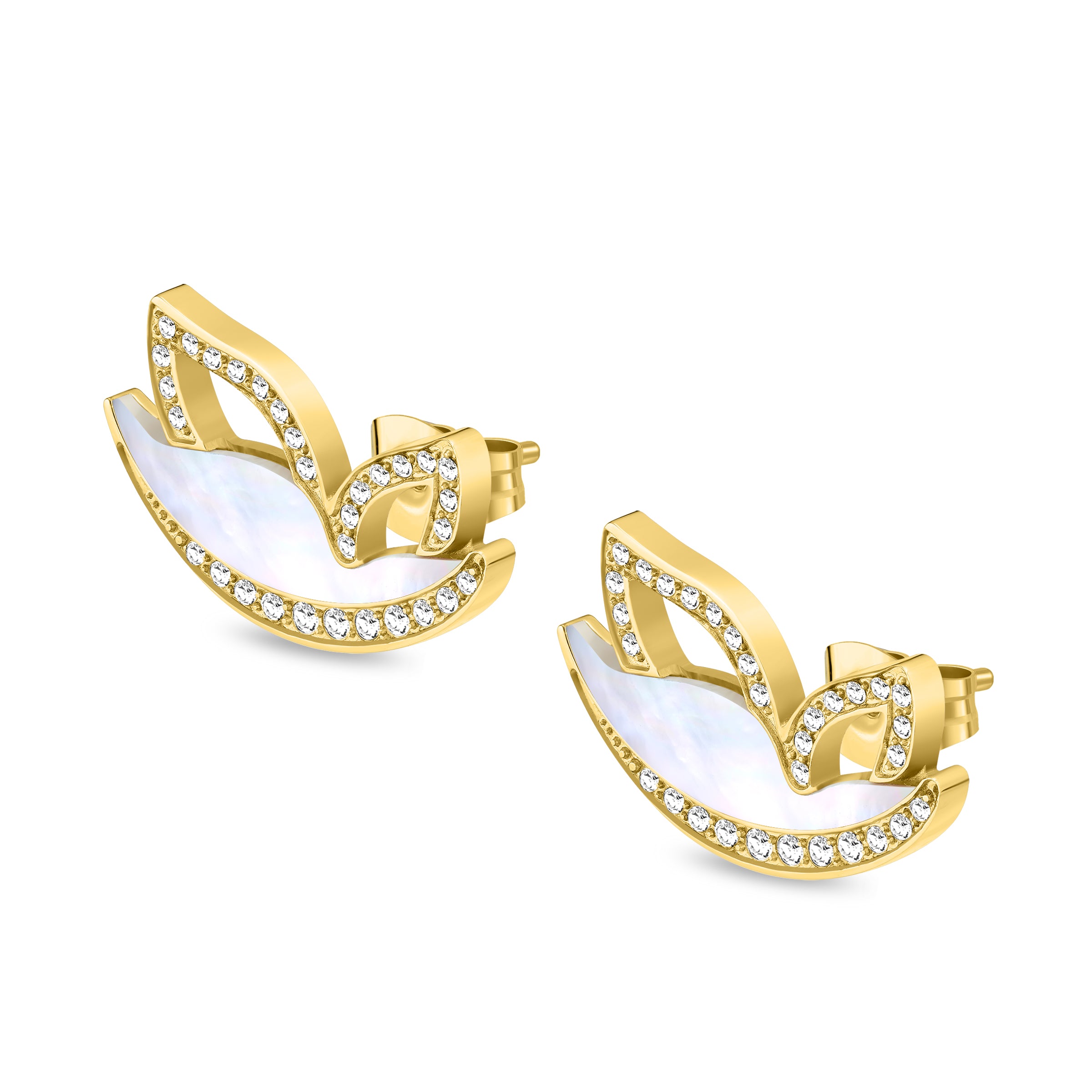 Pair of gold-toned birdy motif stud earrings with white mother-of-pearl inlay and clear crystal accents.