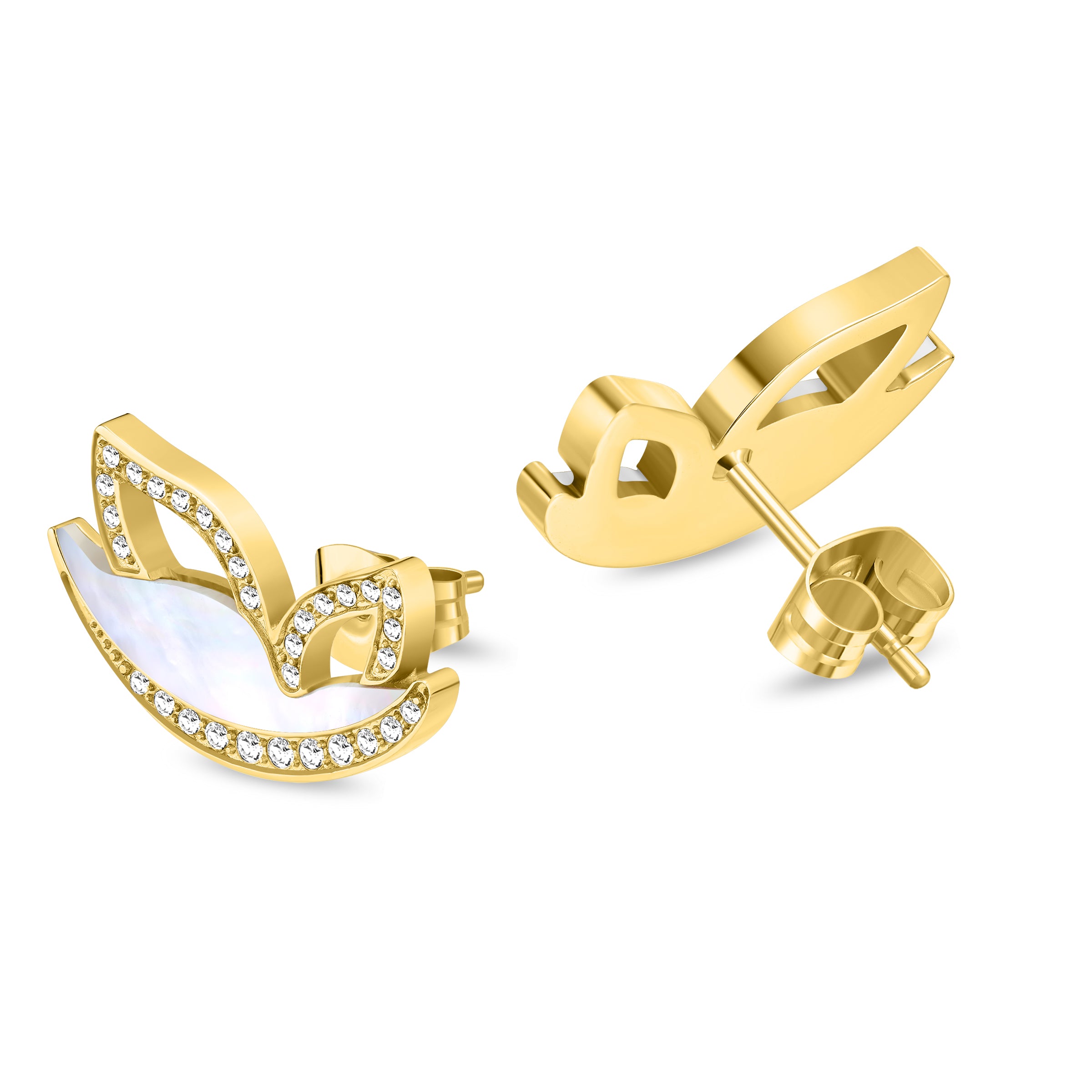 A pair of gold-toned bird motif earrings. One features a white mother-of-pearl inlay with crystal-lined edges. The other show