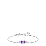 Silver-toned steel chain bracelet with a central rectangular purple zircon flanked by two clusters of white zircons.