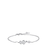 Silver-toned steel bracelet with a wavy snake motif and a single round white crystal, secured by a lobster clasp.