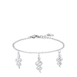 Silver-toned steel bracelet with a delicate chain and three coiled snake charms, secured by a lobster clasp.