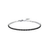 Silver-toned steel tennis bracelet with a continuous line of square-cut black zircons, featuring a lobster clasp and extender