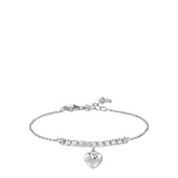Silver-toned steel bracelet with a row of clear zircons and a polished silver-toned heart charm dangling from the centre.