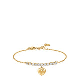 Gold-toned steel bracelet with a row of white zircons and a polished gold-toned heart charm, featuring a lobster clasp.