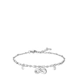 Silver-toned steel bracelet with an infinity symbol charm, two white zircon drops, and a lobster clasp closure.
