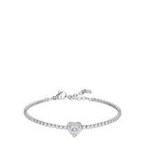 Silver-toned steel tennis bracelet with a continuous line of white zircons and a central heart-shaped white zircon cluster.