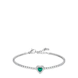 Silver-toned steel tennis bracelet with a central green heart zircon surrounded by white zircons, featuring a lobster clasp.