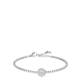 Silver-toned steel tennis bracelet with a continuous line of clear round zircon stones and a larger central halo-set zircon.