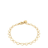 Gold-toned steel bracelet featuring a chain of open heart-shaped links, a lobster clasp, and an extender chain with a small h