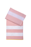 A folded Gensami luxury knit baby blanket featuring broad horizontal pink and white stripes with a thin yellow accent border at the bottom edge.