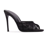 BLACK SUEDE STUDIO Geni 100 black lace open toe stiletto mule shown from a three-quarter inner profile view.
