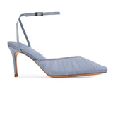 BLACK SUEDE STUDIO Melody 80 Ashley Blue pleated tulle ankle-strap pump shown from a three-quarter inner profile view.