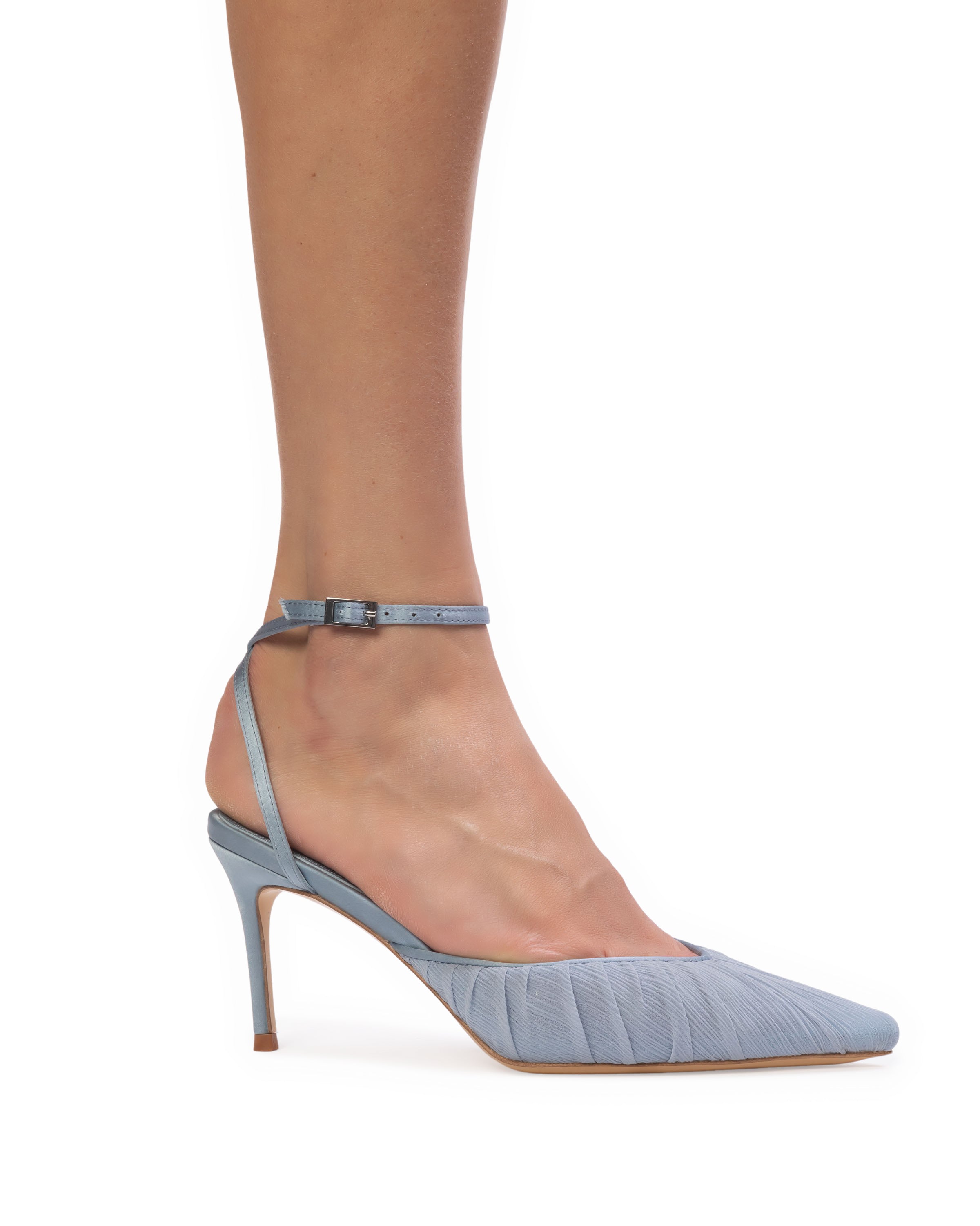 On-model side view of the BLACK SUEDE STUDIO Melody 80 Ashley Blue tulle ankle-strap pump.