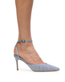 On-model side view of the BLACK SUEDE STUDIO Melody 80 Ashley Blue tulle ankle-strap pump.
