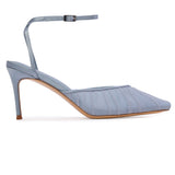 Direct outer side profile view of the BLACK SUEDE STUDIO Melody 80 Ashley Blue tulle pointed-toe pump.
